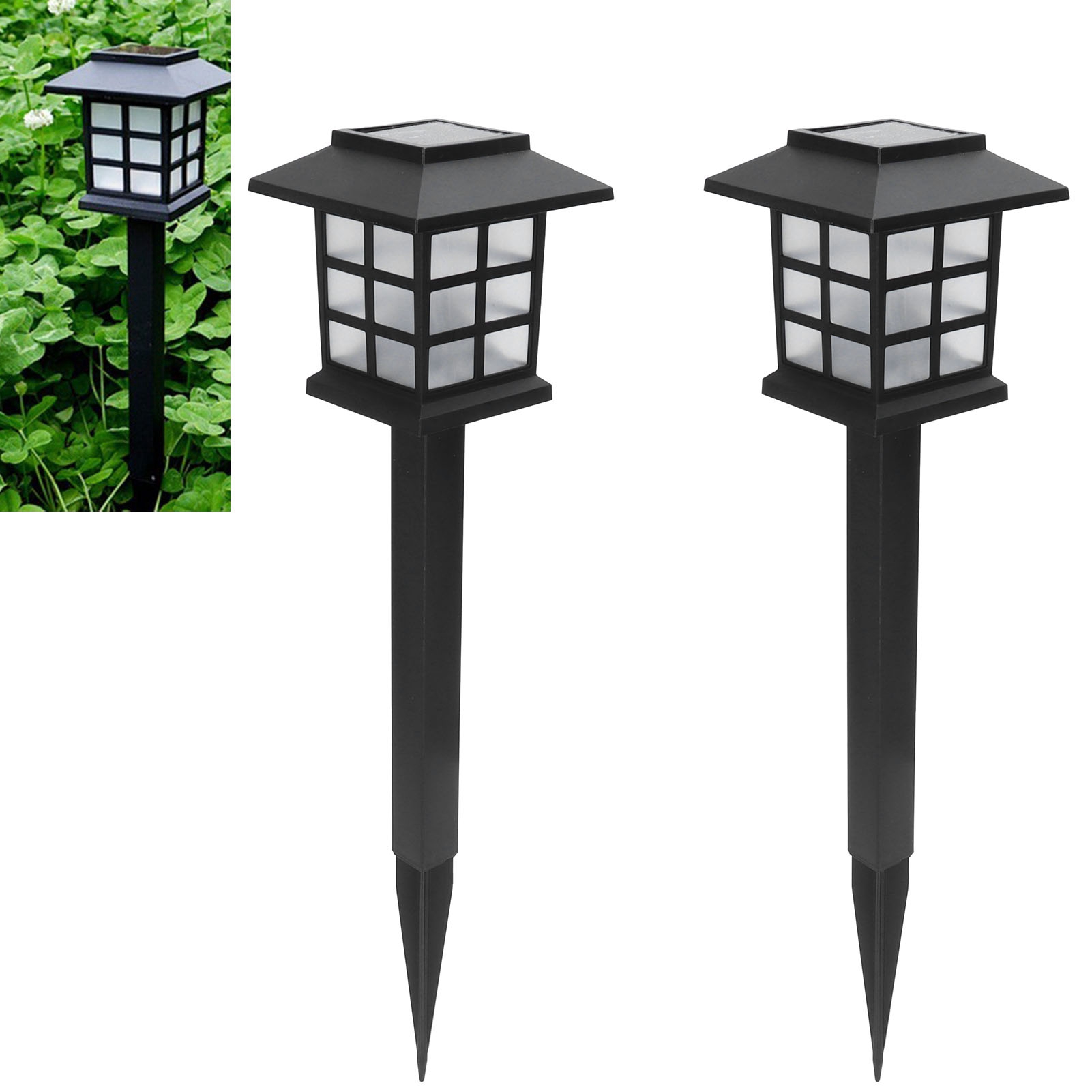 Set Mit 2 Wasserdichten Led-solar-gartenleuchten In Form Eines Kleinen Hauses, Zum Einpflanzen In Einen Pfahl, Weißes Licht.