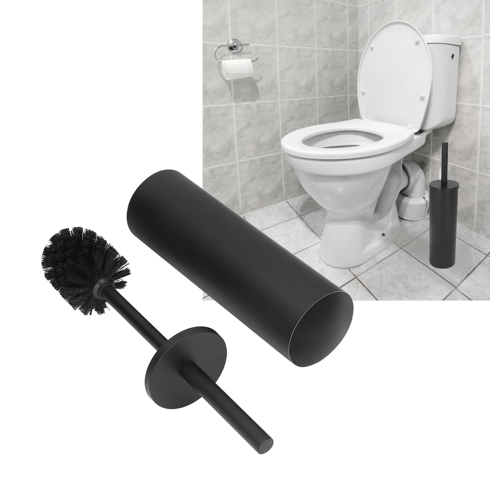 Set Schwarzer Edelstahl-toilettenbürsten, Langer Griff, Keine Toten Winkel, Badezimmerbodenreinigungsbürste.