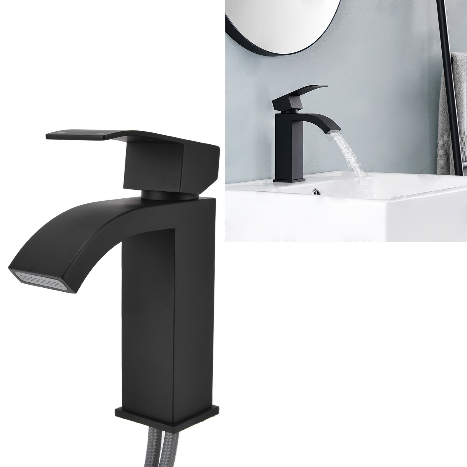 Integrierte Waschtischarmatur Aus Edelstahl 304, G1/2-gewinde, Wasserfallauslauf, Schwarz, Cupc
