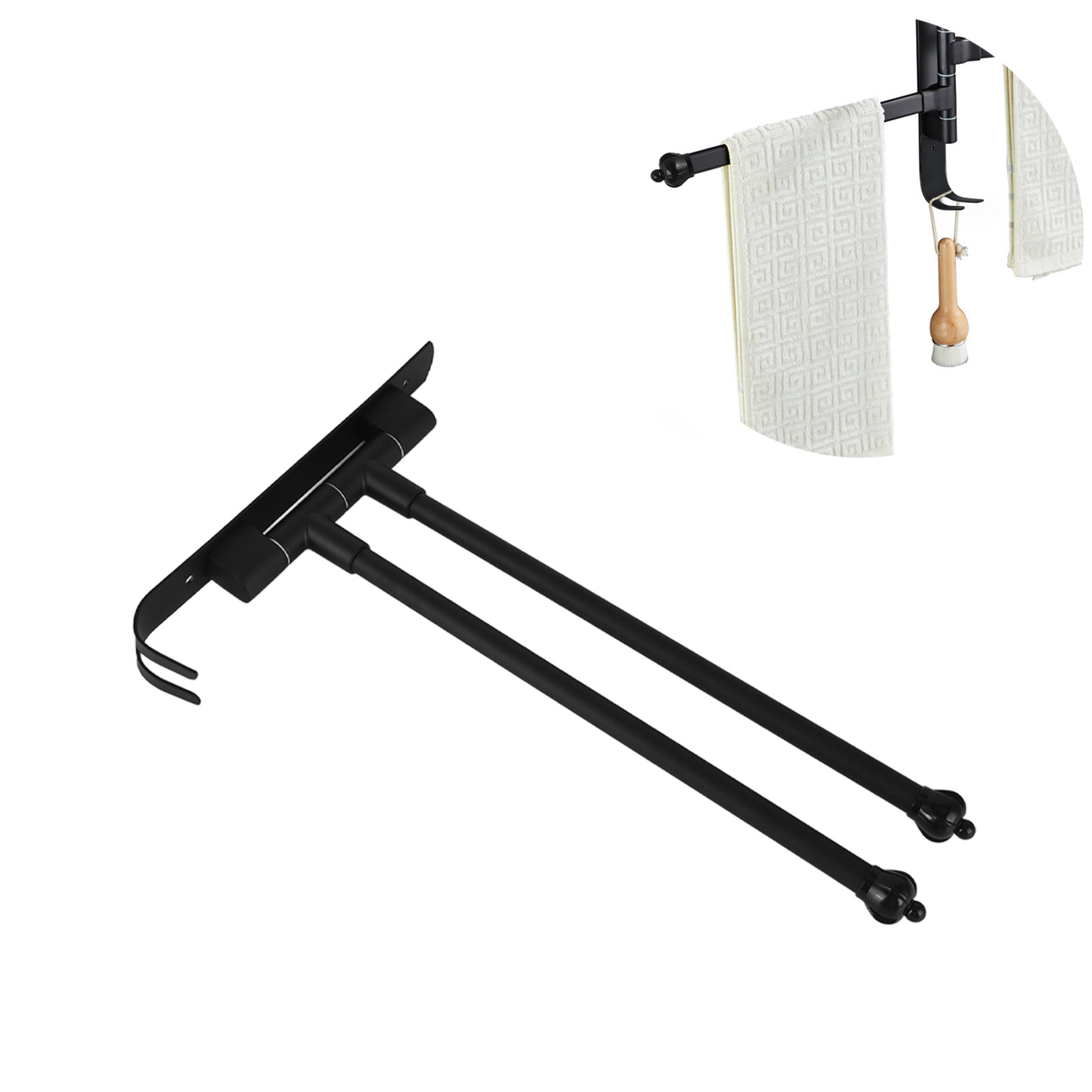 Drehbarer Handtuchhalter, Badetuchhalter, Badezimmeraccessoires, Zwei Stangen, Schwarz