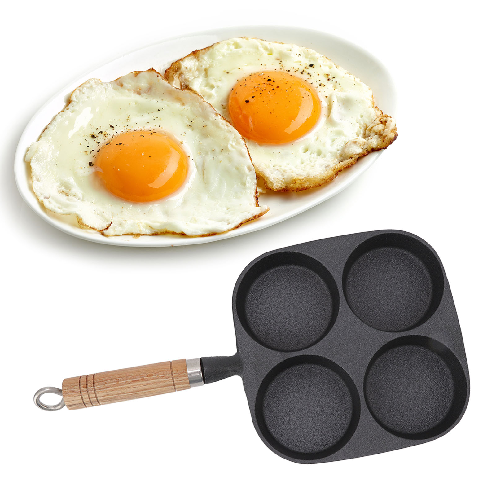 Eierpfanne Aus Gusseisen Mit 4 Mulden Und Holzgriff, Ideal Zum Kochen Im Freien.
