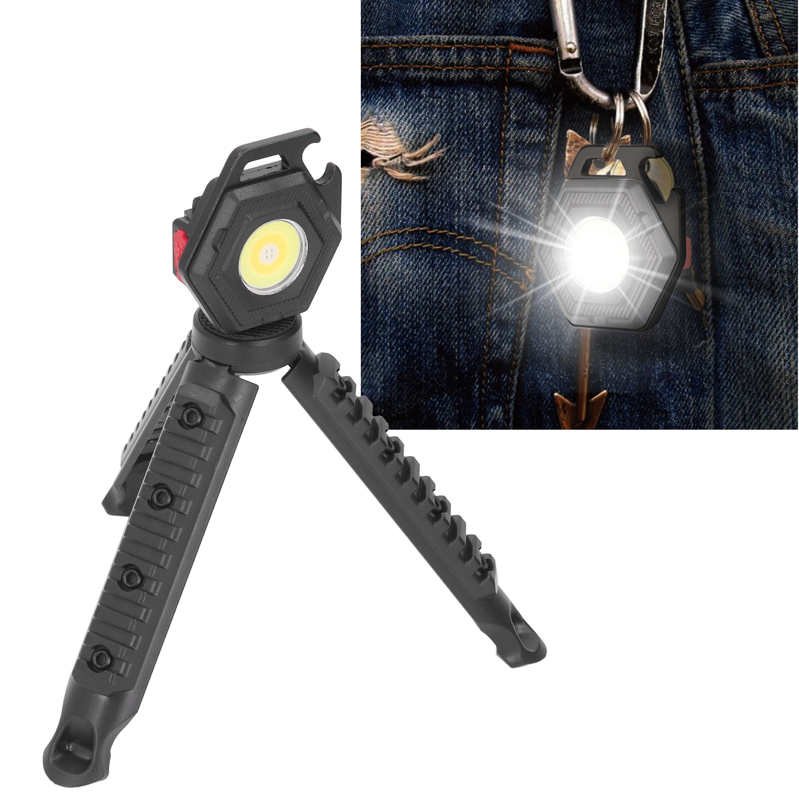 Cob-schlüsselringlampe Mit 500 Lm, Wiederaufladbare Mini-taschenlampe, Tragbare Taschenlampe Mit Faltbarem Ständer, Ideal Zum Angeln, Wandern Und Campen.