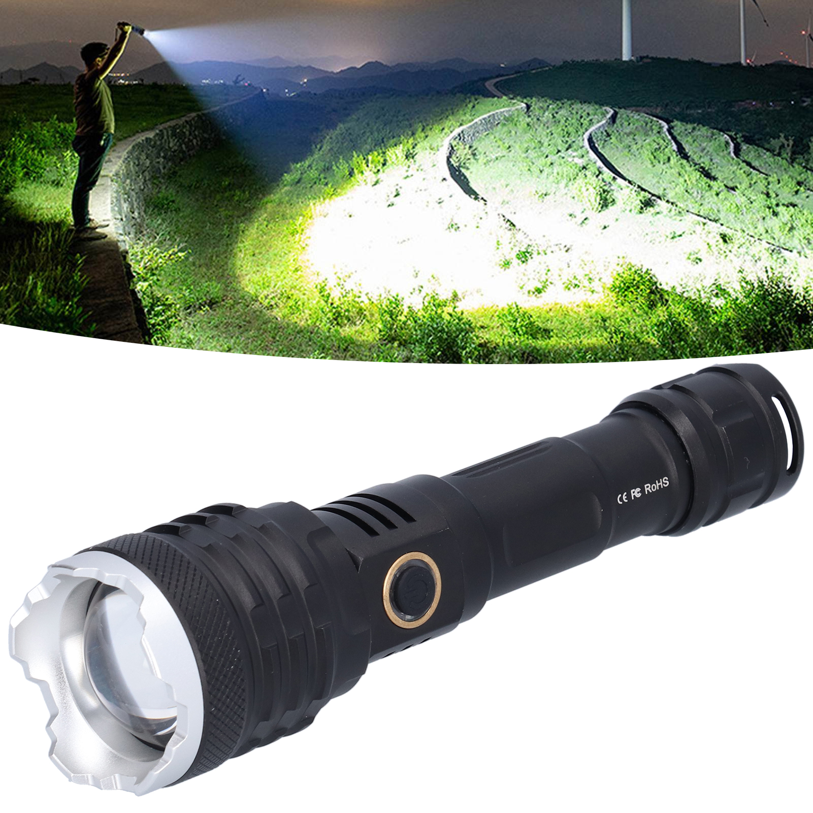 Led-taschenlampe Mit 5 Helligkeitsstufen, 20.000 Lumen, Wasserdicht Mit Zoom, Ideal Für Zuhause, Wandern Und Camping. Usb-aufladbar.