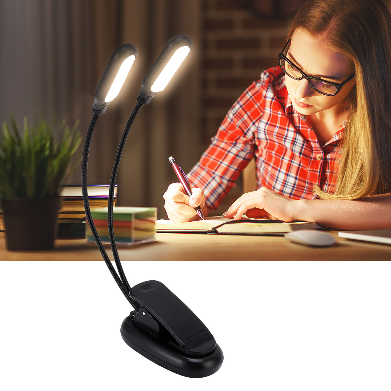 Doppelkopf-klemmleuchte Für Den Schreibtisch, Led-leselampe, Leselampe Fürs Studentenwohnheim, Klavierlampe, Wiederaufladbare Notenclip-lampe Mit Usb-anschluss