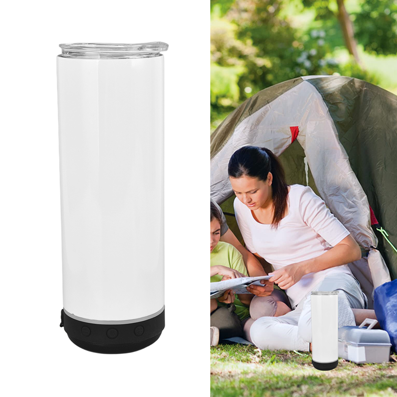 590 Ml (20 Oz) Gerader Zylindrischer Becher Mit Thermosublimation, Musikdesign, Mit Abnehmbarem Bluetooth-lautsprecher, Tragbarer Und Isolierter Becher, Schwarzer Hintergrund.