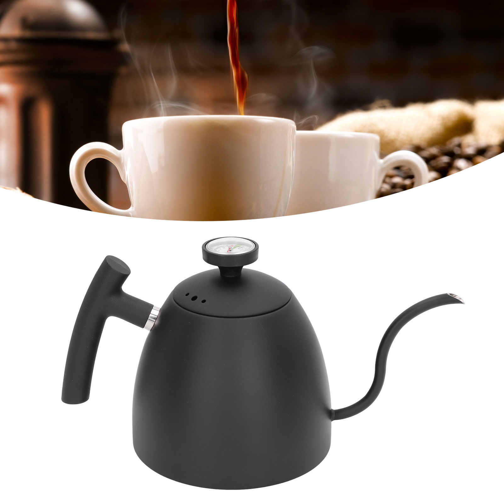 800 Ml Schwarze Filterkaffeemaschine Mit Thermometer, Langem Ausguss, Schmaler Düse, Edelstahl 304.