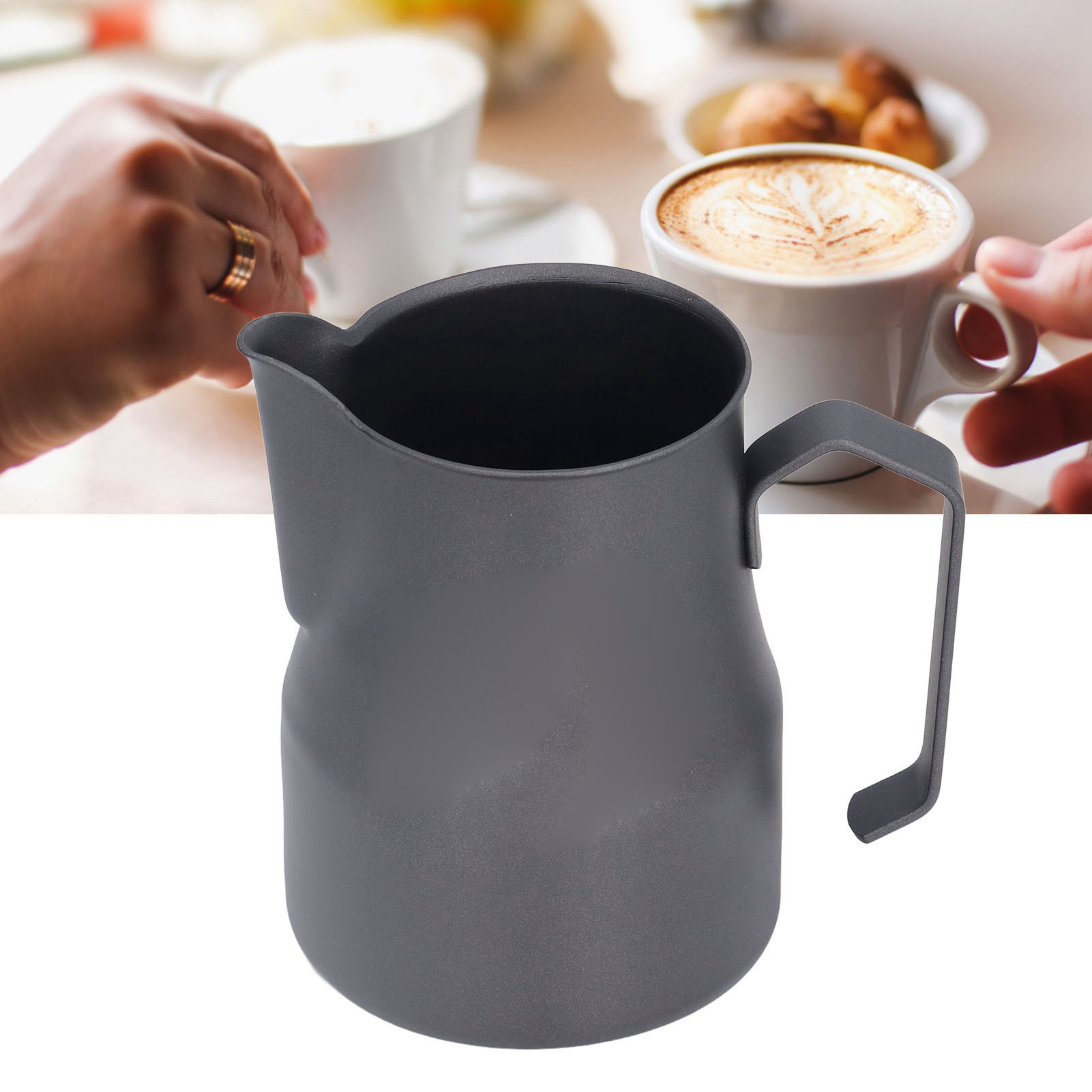 550 Ml Latte-art-becher Im Italienischen Stil Mit Langem Ausguss, Edelstahl, Mit Aufgedrucktem Design, Schwarz.