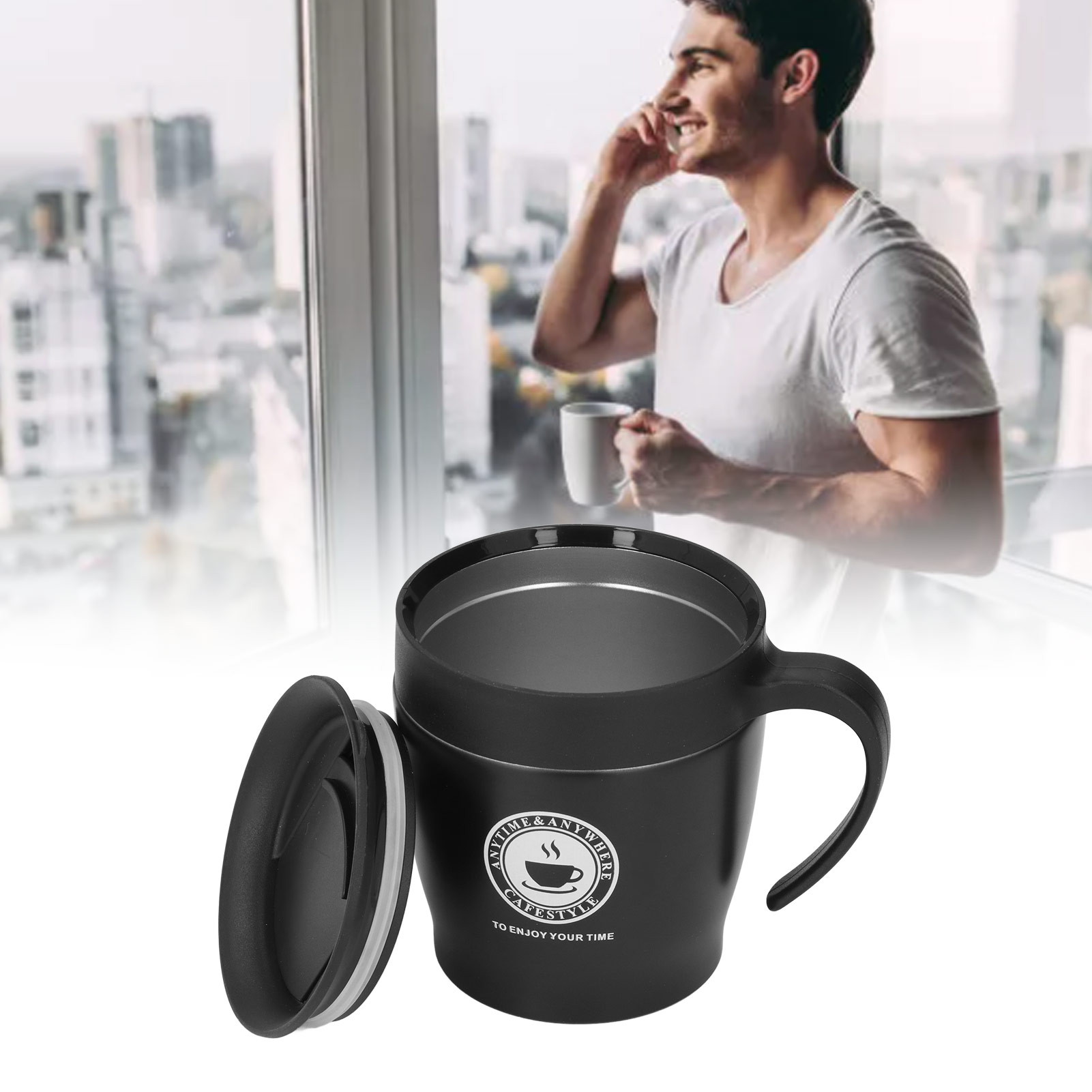 Tragbarer Isolierbecher Mit Henkel, Edelstahl, 330 Ml, Schwarz. Ideal Für Erwachsene, Männer Und Berufstätige. Auch Für Tee Geeignet.