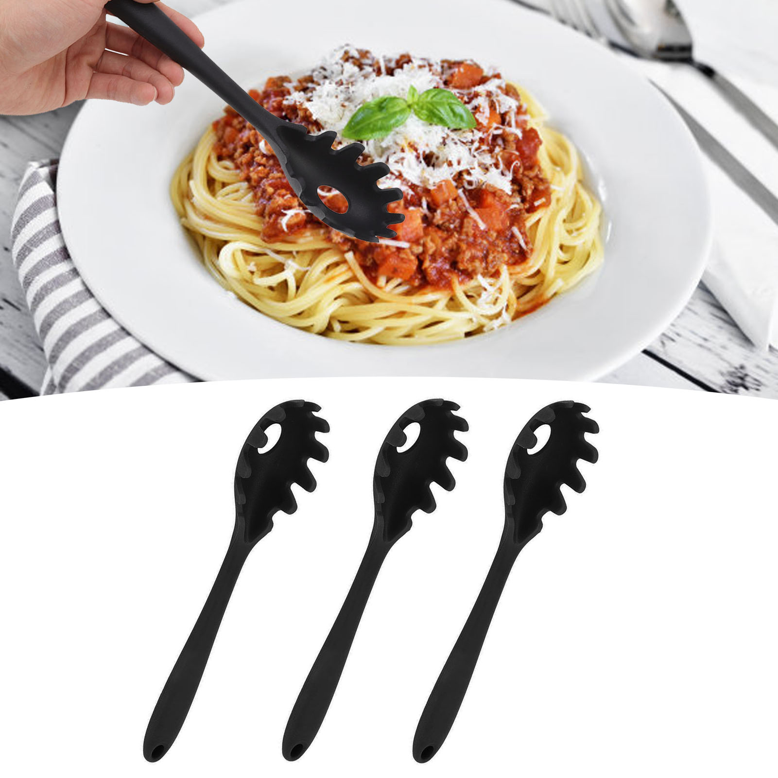 3er-set Kreative Küchenhelfer Aus Silikon Für Spaghetti, Nudeln, Fadennudeln Und Reisnudeln – Nudellöffel Aus Lebensmittelechtem Silikon, Schwarz