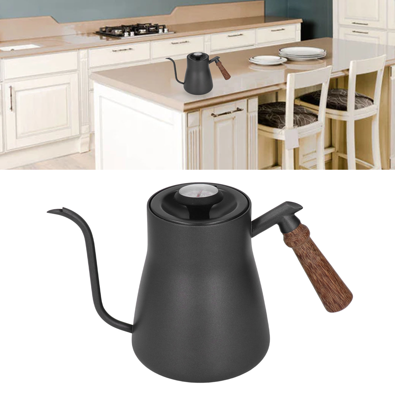 850 Ml Filterkaffeekessel Mit Thermometer, Aus Edelstahl, Mit Schwanenhals Und Holzgriff.