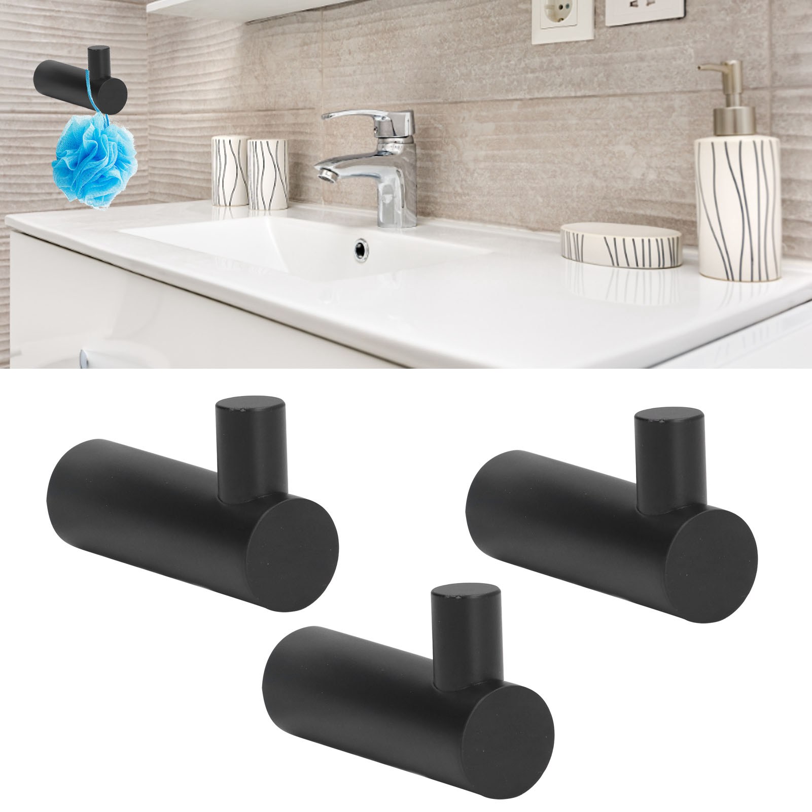 Set Mit 3 Mattschwarzen Edelstahl-badezimmerhaken