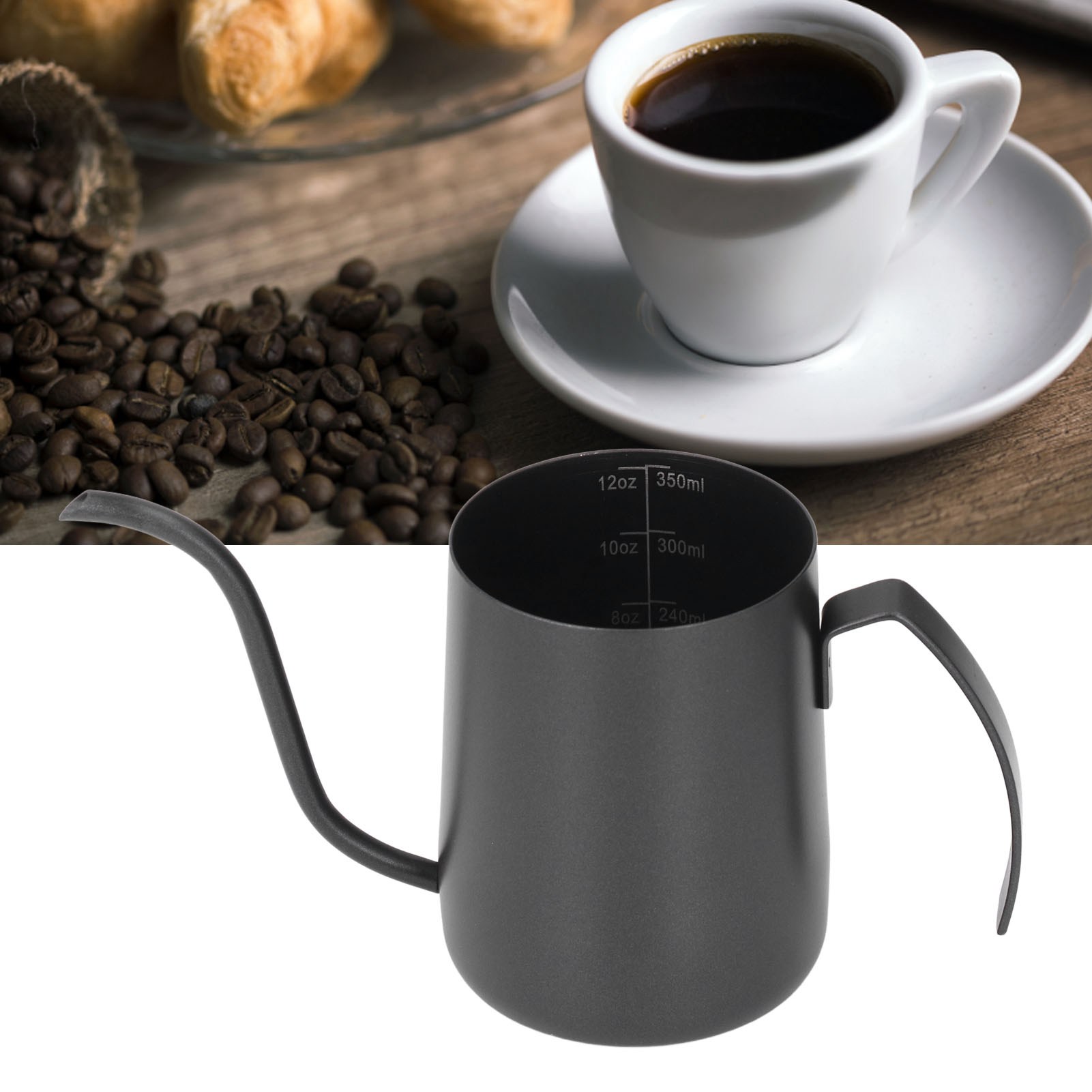 Filterkaffeemaschine Aus Edelstahl 304 Mit Teflonbeschichtung, Dickem, Tropffreiem Griff, 350 Ml, Schwarz