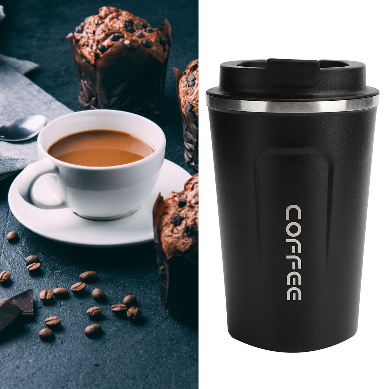 380 Ml Doppelwandiger, Isolierter Edelstahlbecher, Auslaufsicher, Tragbarer Kaffeebecher Fürs Auto (schwarz)