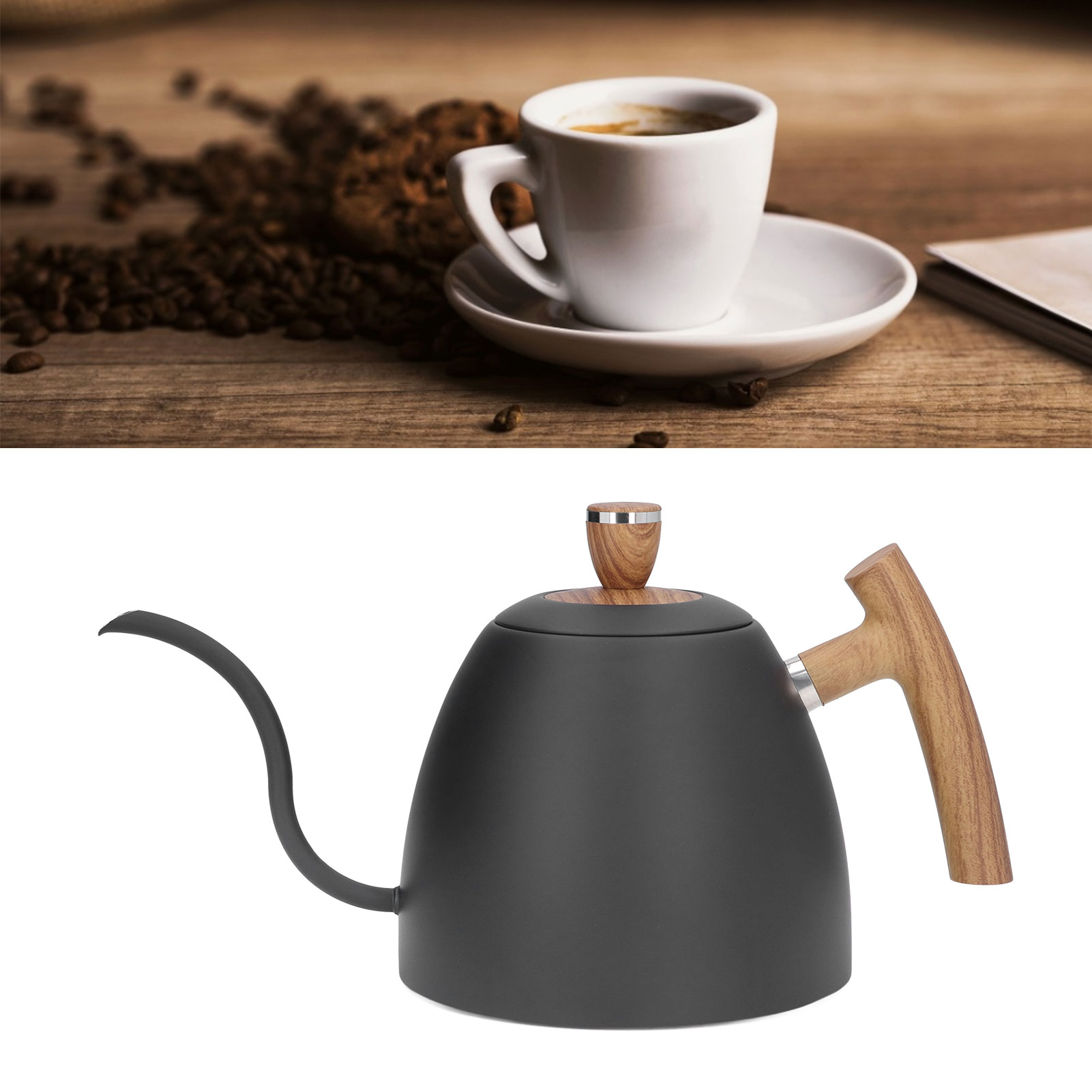 Schwarze Filterkaffeemaschine Mit Großem Fassungsvermögen (800 Ml), Langem Ausguss Und Schmaler Düse, Aus Edelstahl 304.