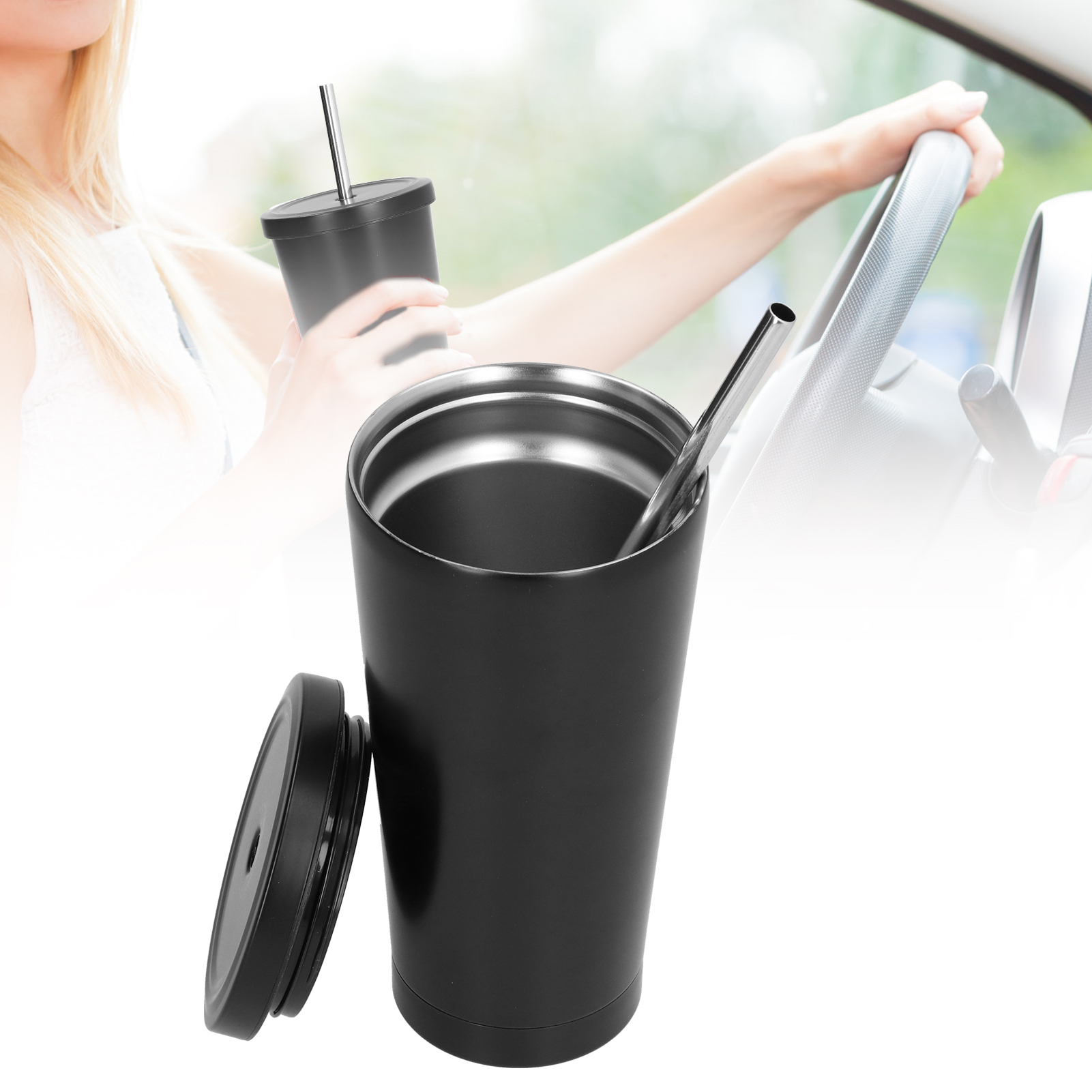 500 Ml Isolierbecher Für Eiskaffee Mit Strohhalmdeckel, Ideal Für Zuhause, Büro Und Reisen (schwarz)