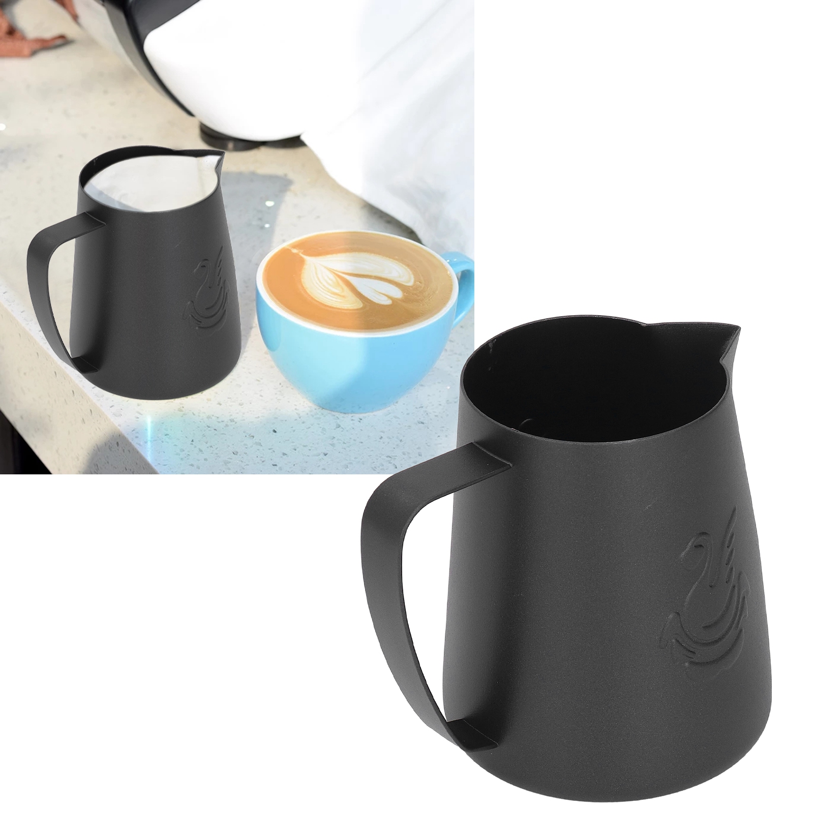 420 Ml Latte-art-tasse Mit Spitzem Ausguss, Latte-kanne Mit Schwanenmotiv Aus Edelstahl 304, Schwarz.