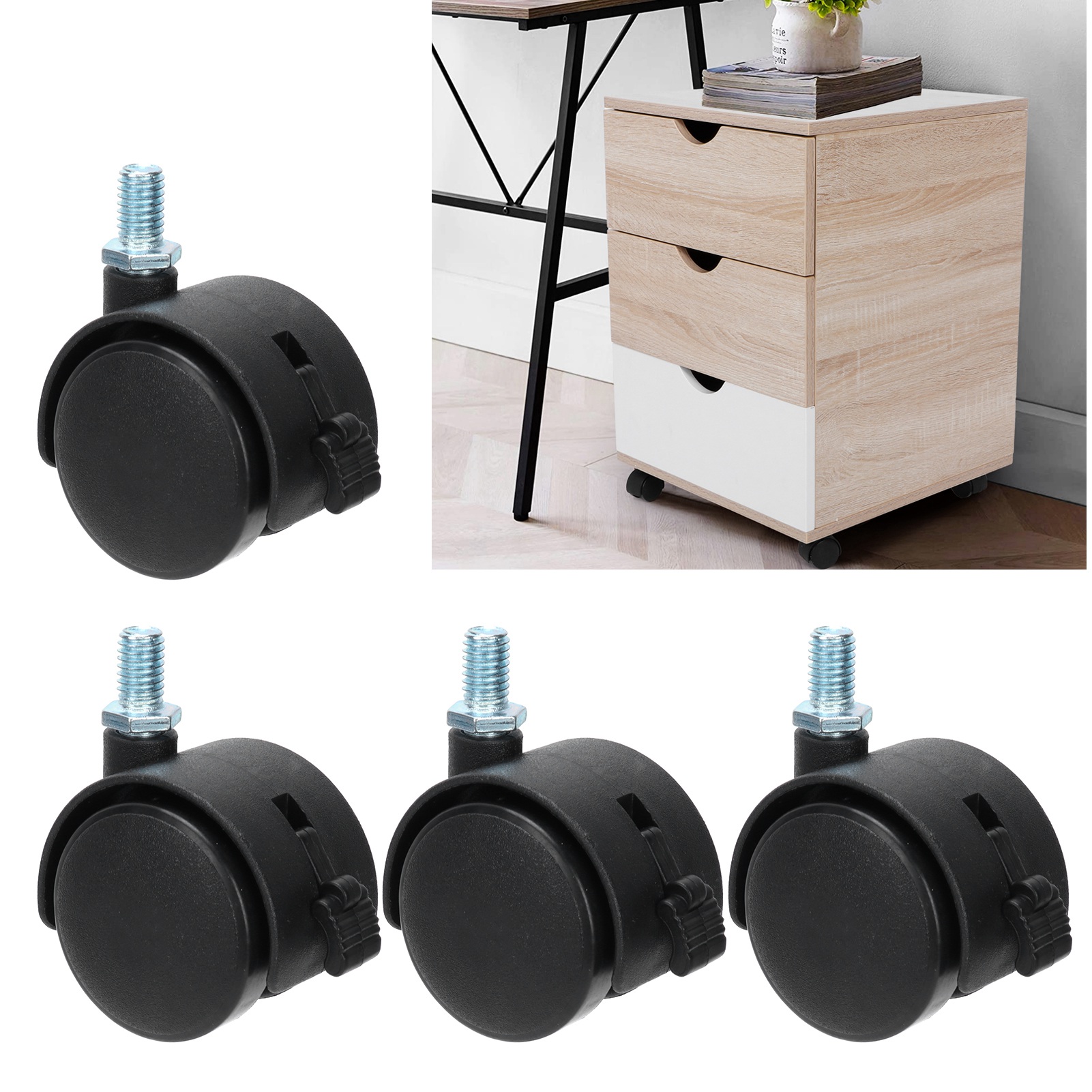 Satz Mit 4 Pu-rollen Mit Bremse, 3,8 Cm (1,5 Zoll), Universell, Für Schrank, Regal, Wagen, Schwarz.