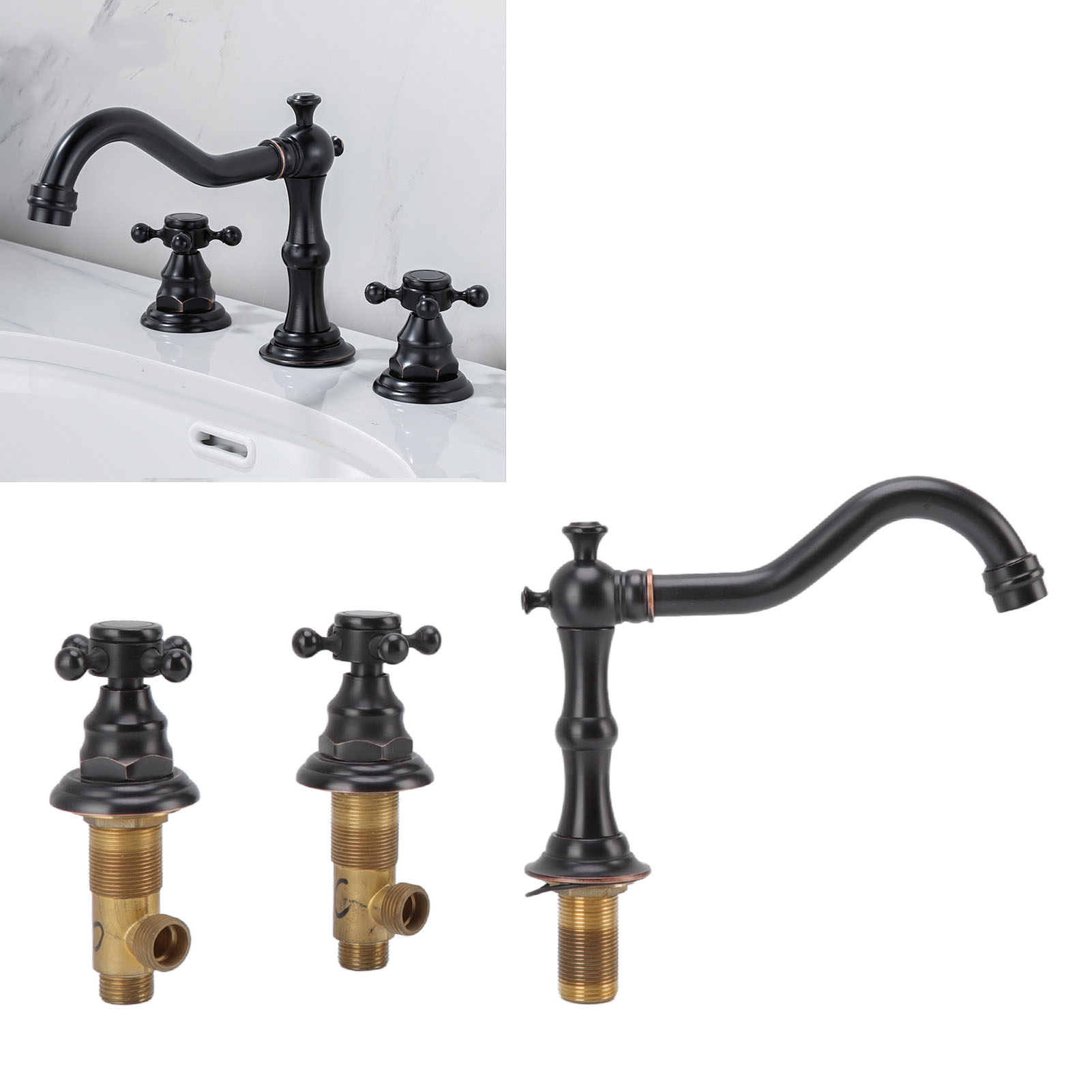 Europäischer Doppelgriff-dreiloch-wasserhahn Aus Kupfer Für Badezimmerwaschbecken Und -becken, Warm- Und Kaltwasserhahn, Spritzgeschützt, Schwarz.