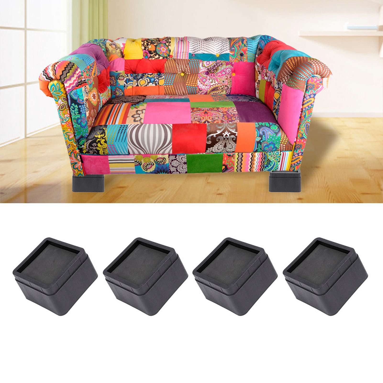 Set Mit 4 Stapelbaren Und Stabilen Bettfüßen, 5 Cm Große Schwarze Quadrate, Zum Schutz Von Möbelbeinen Und Böden.