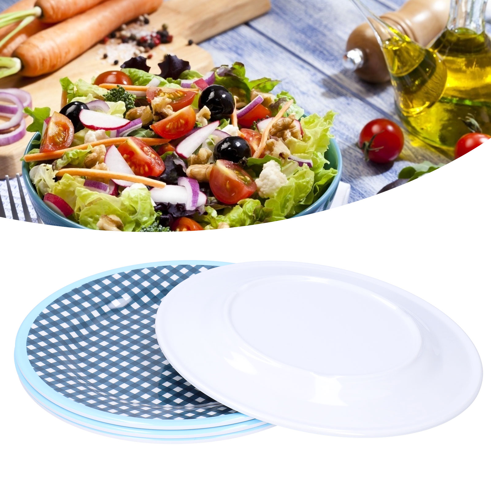 Set Aus 4 Salattellern (23 Cm), Obsttellern, Desserttellern, Kuchen- Und Gebäckplatten, Tischdekoration, Dunkelblau Kariertes Muster