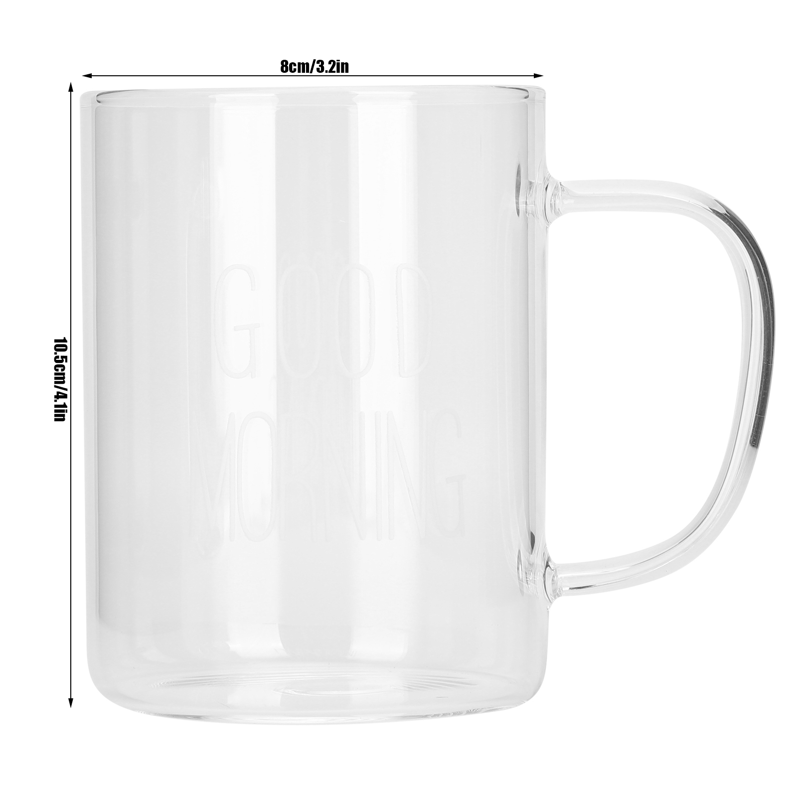 Klarglasbecher (350 Ml) Mit Henkel, Für Kaffee Mit Milch Oder Wasser. Küchenutensil. Weiße Beschriftung.