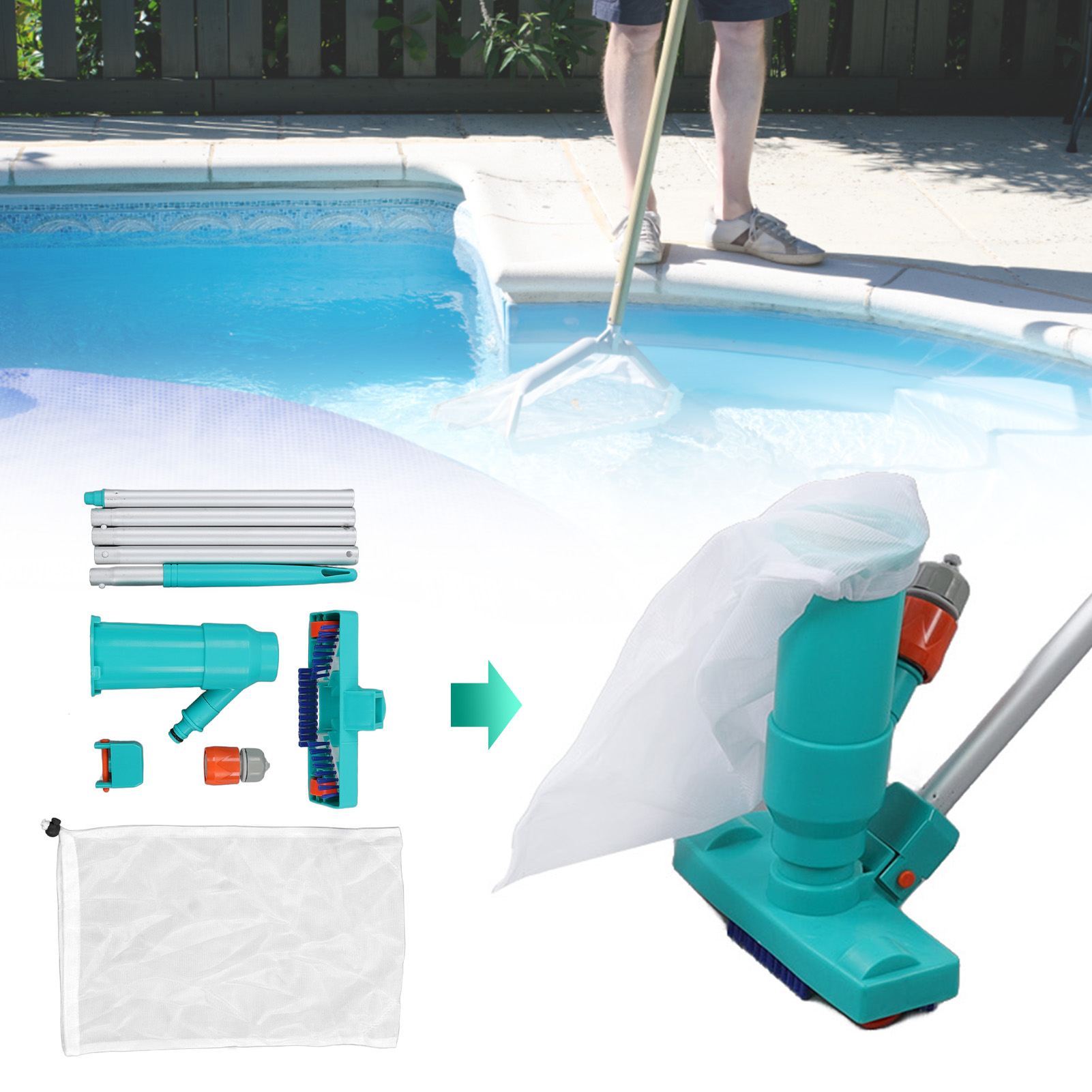 Tragbares Poolreinigungsset Mit Jet-vakuum, Saugkopf, Reinigungswerkzeugen Und Zubehör, Saugbürste (europäischer Standard)