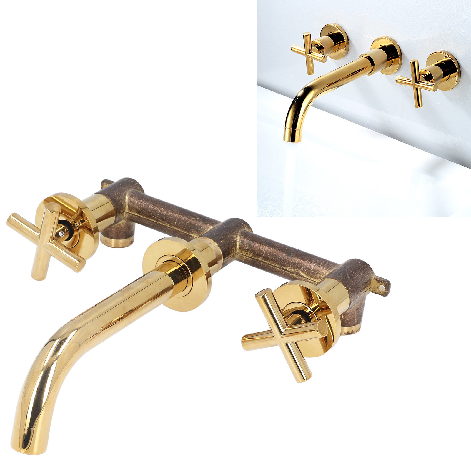 Wandmontierte, Komplett Aus Kupfer Gefertigte, Eingelassene Mischbatterie Für Badezimmerwaschbecken, Warm- Und Kaltwasser (gold)
