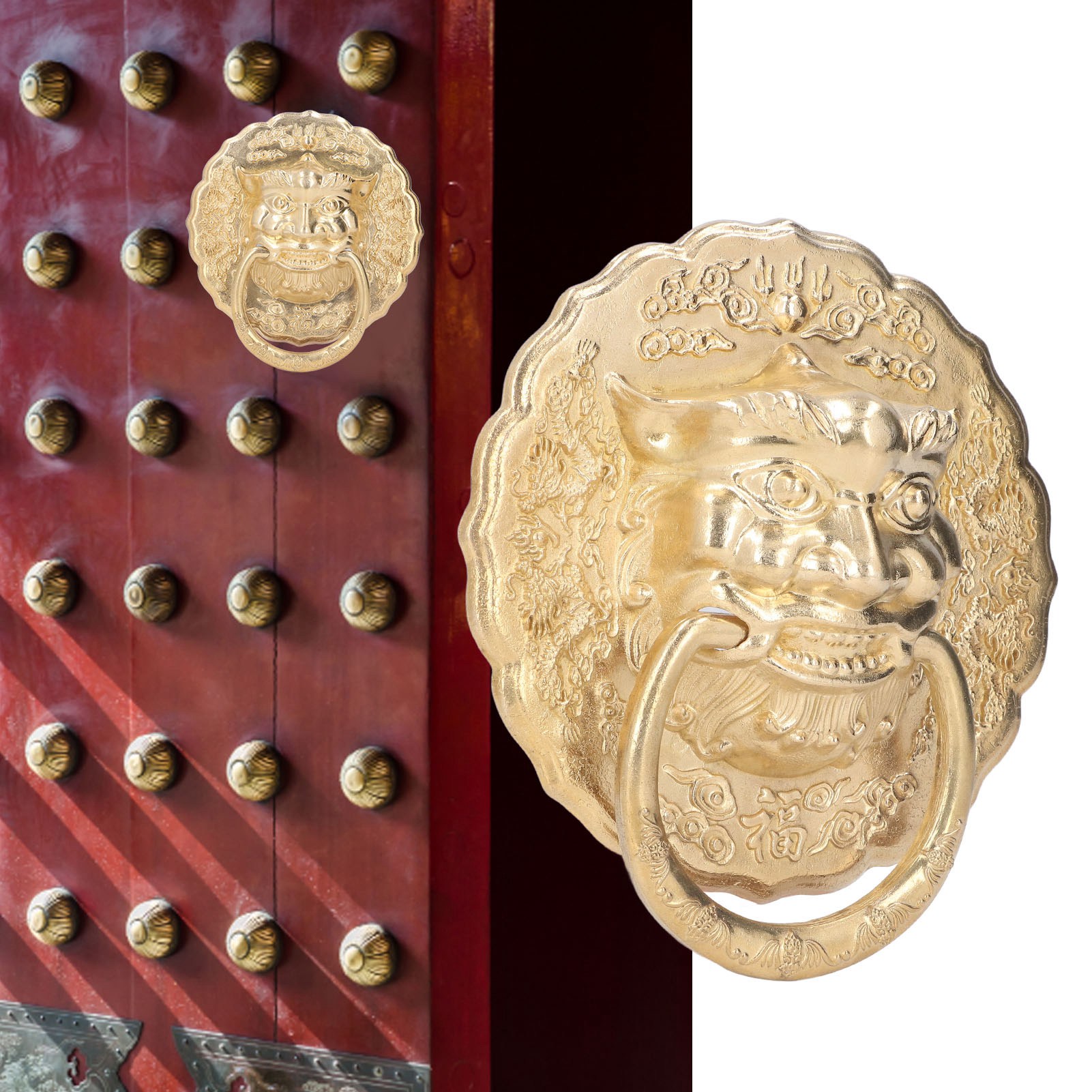Türklopfer Im Chinesischen Stil Mit Tierkopf, Antiker Bronzegriff, Torgriff Mit Tierkopf, Zweiflügeliger Türgriff Aus Holz, Bronze-zugring