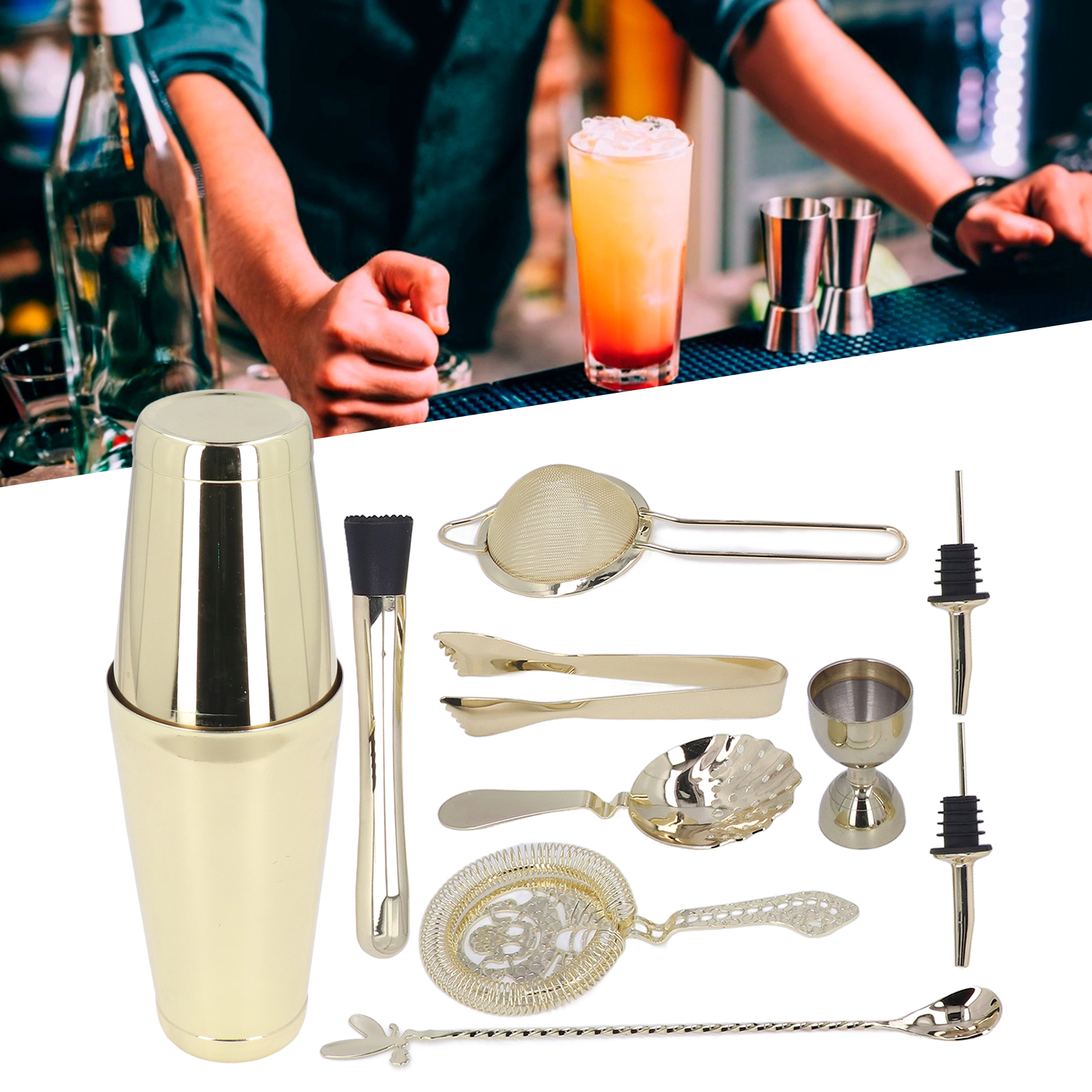 Boston Flask Barkeeper-set, 11-teiliges Cocktail-set, Indian Cup Barkeeper-shaker, Gold