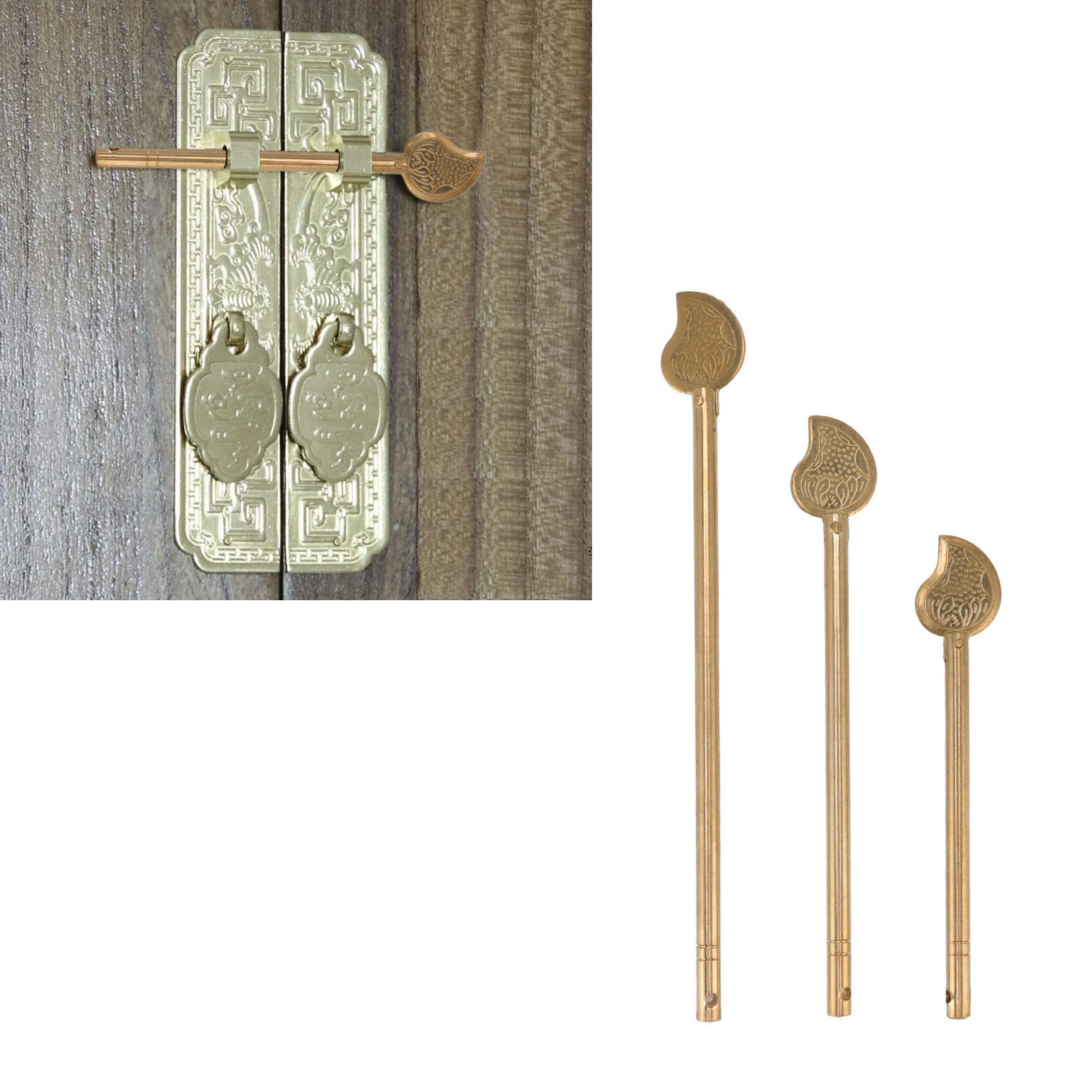 Set Aus 3 Chinesischen Türriegeln Aus Messing In Blattform Für Wohnmöbel.