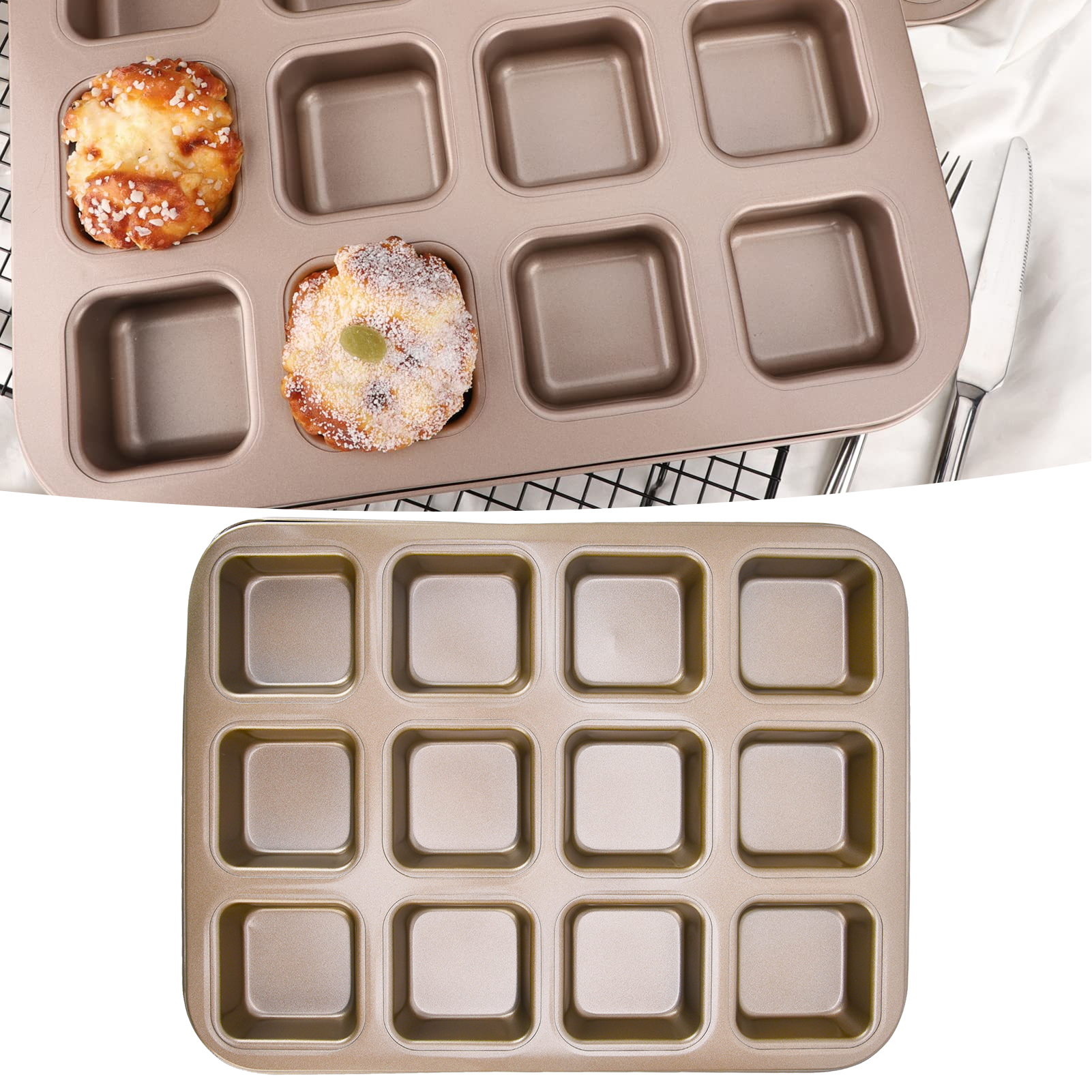Antihaftbeschichtete Brot- Und Kuchenform Mit 12 Mulden, Mochi, Mini-hamburger, Selbstgemachtes Backutensil, Extra Dicke Goldene Quadratische Backform Mit 12 Mulden