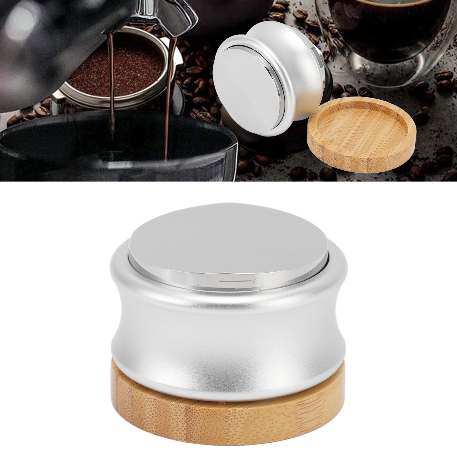 Kaffeespender Aus Silberfarbenem Edelstahl Mit Verstellbarem Tamper, 51 Mm.