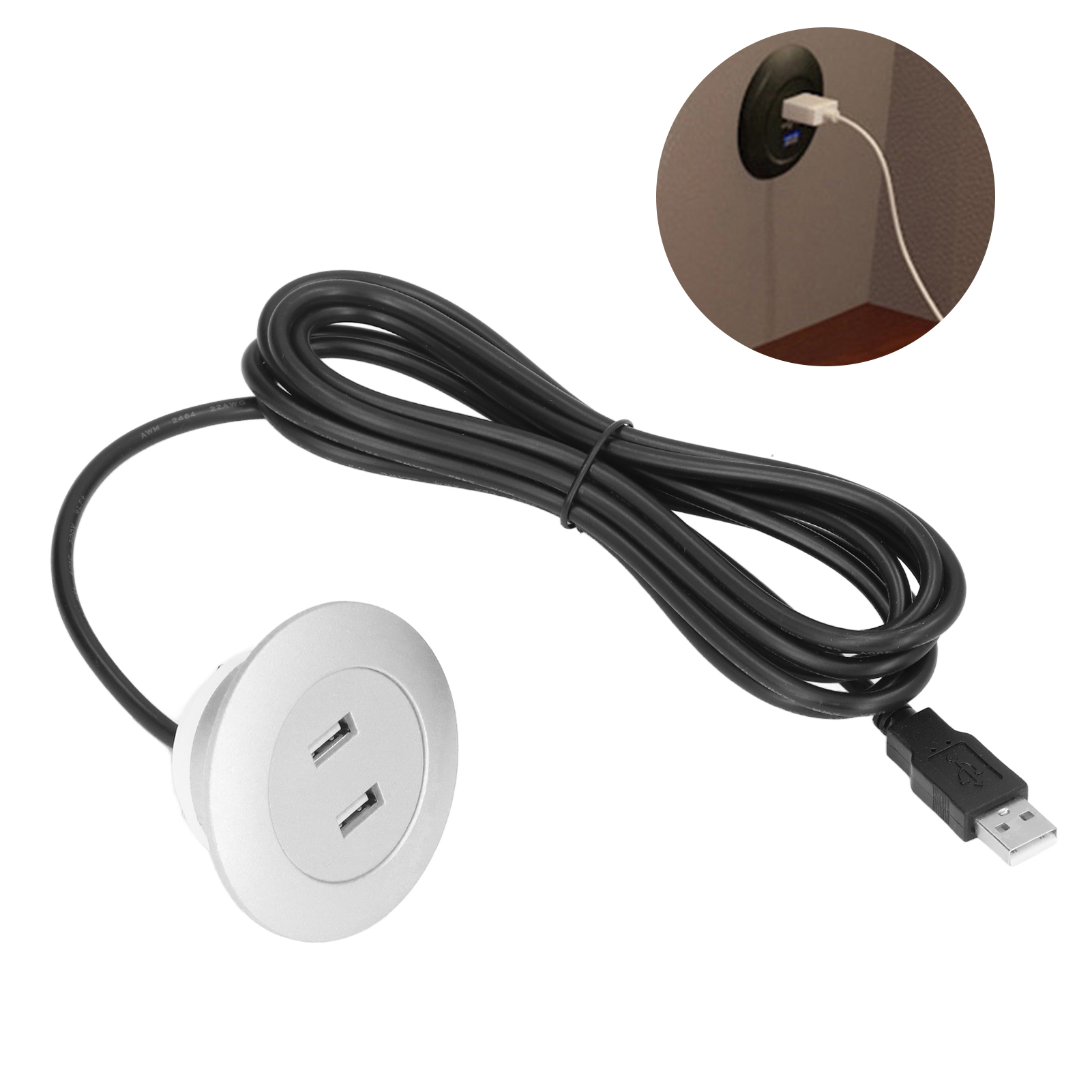 Doppelte, Eingelassene Usb-ladebuchse Für Sofa Und Sessel, Mit 2,5 M Kabel Und Silbernem Stecker.