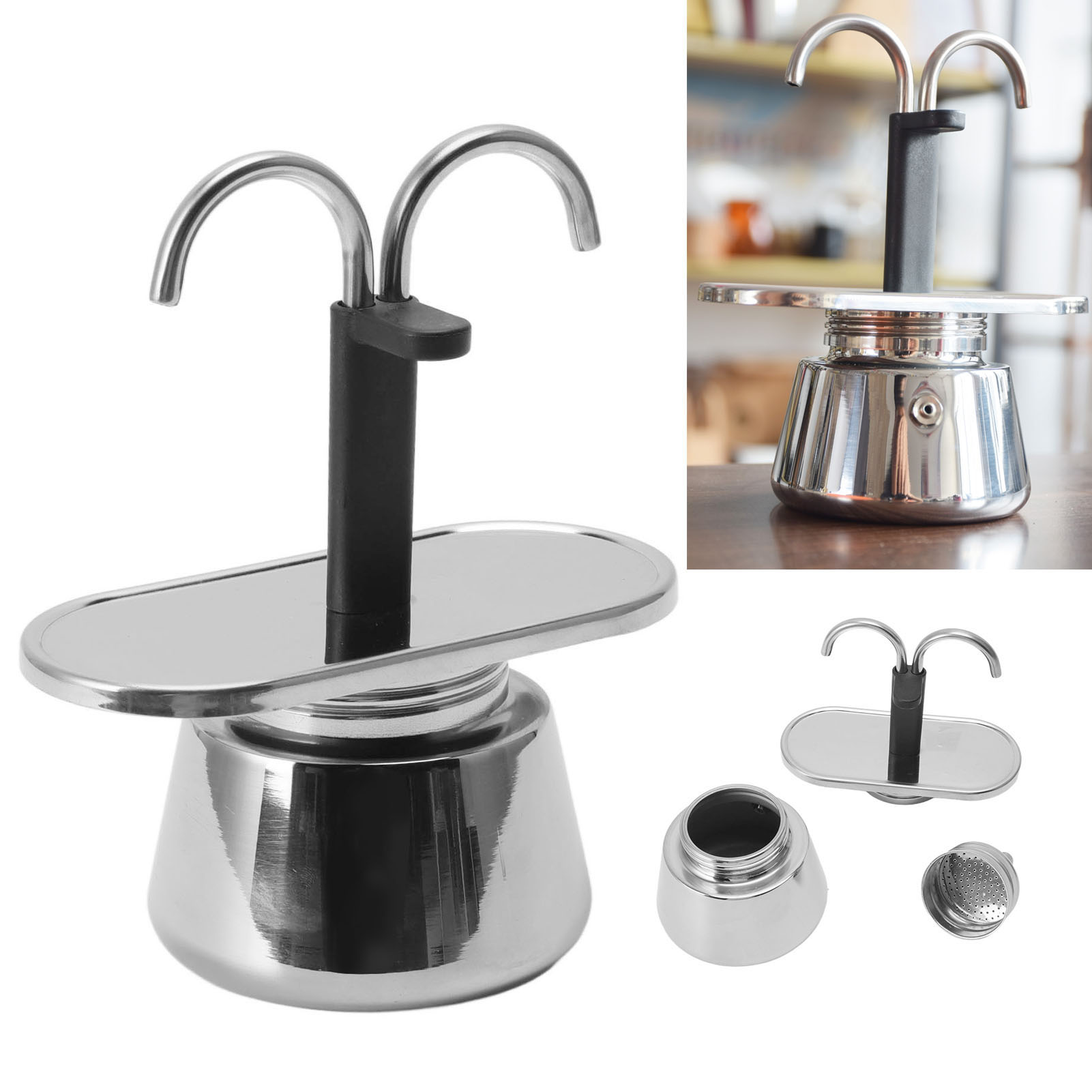 Italienische Kaffeemaschine Mit Zwei Kammern (2 Tassen, 100 Ml) Aus Edelstahl, Italienisches Design, Selbstmontage Erforderlich.