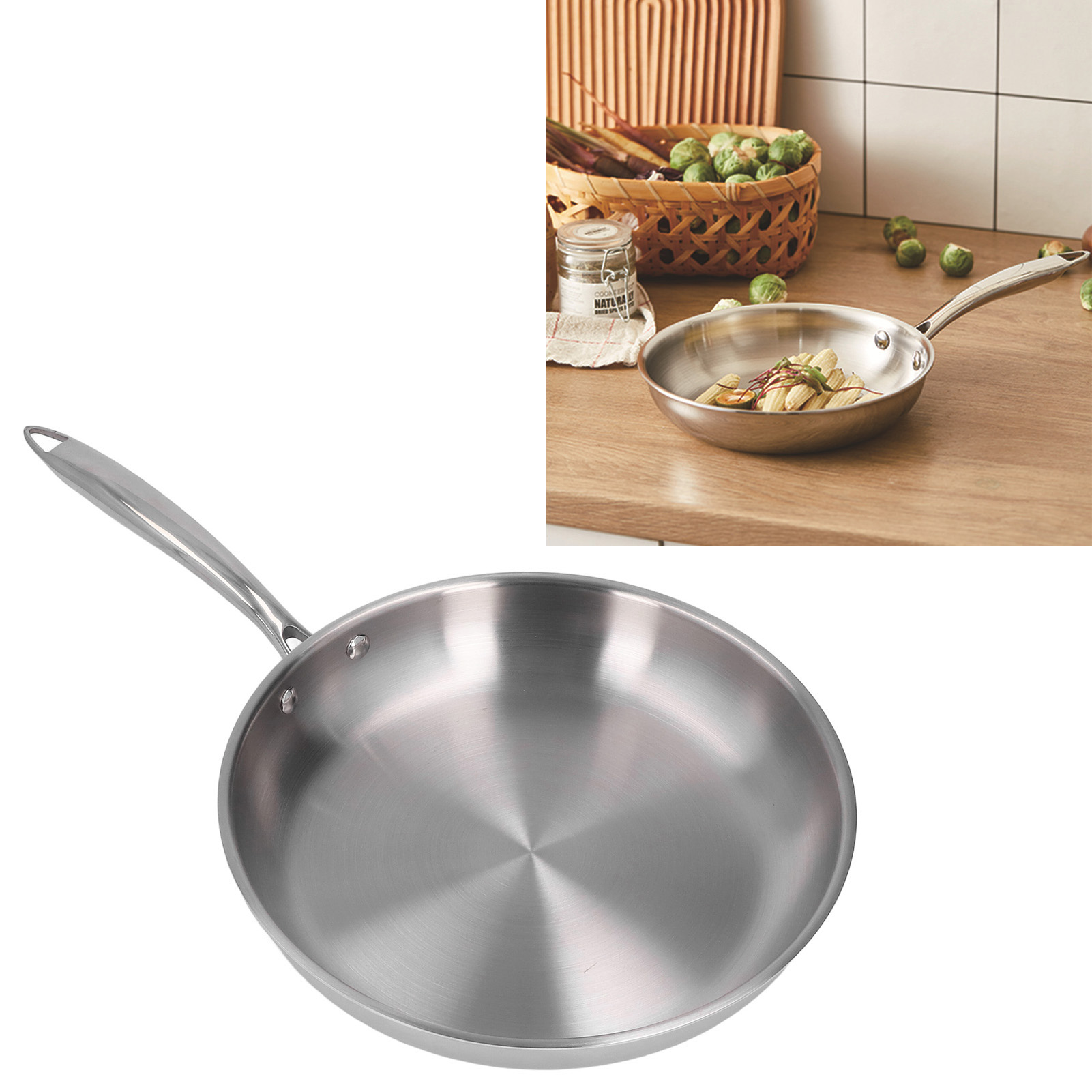 Dicke, Unbeschichtete Bratpfanne Aus Edelstahl 304, 3-lagig, Ideal Zum Zubereiten Von Omeletts, 28 Cm (11,02 Zoll)