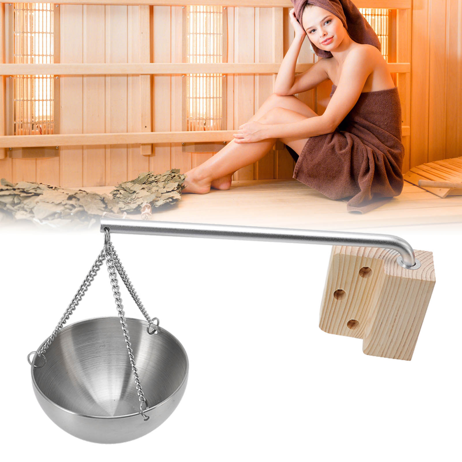Hängende Saunaschale Aus Edelstahl Mit Holzblock Für Ätherische Öle, Ideal Für Saunen (größe S, 12 Cm).