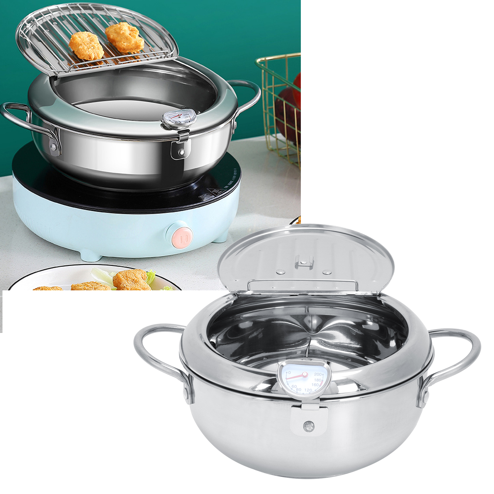 Tiefer Edelstahl-brattopf Mit Thermometerdeckel, 2,2 L, 20 Cm
