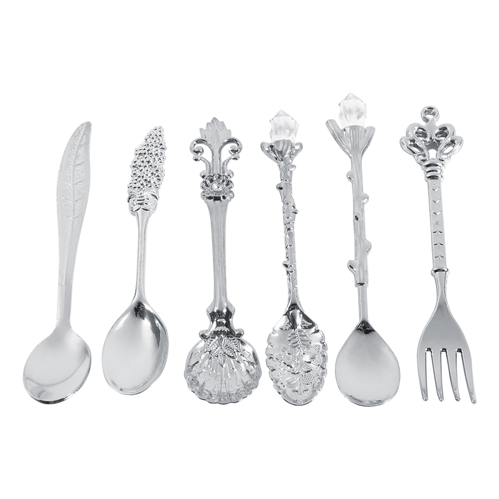 Set Mit 6 Mini-teelöffeln Und -gabeln Aus Metall Im Vintage-stil, Silberne Küchenaccessoires