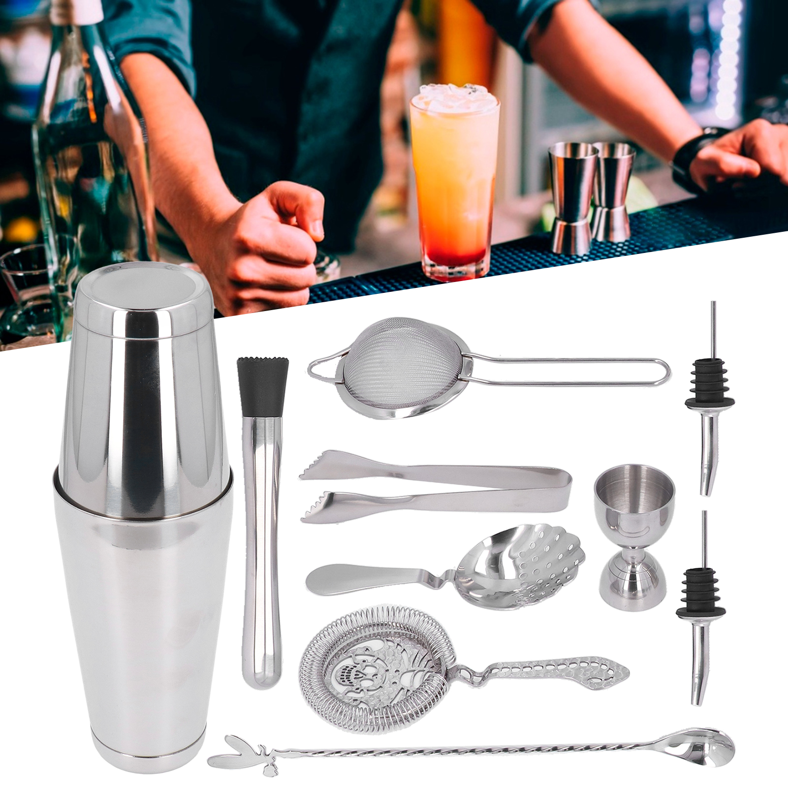 Boston Flask 11-teiliges Mixset, Inklusive Eines Indischen Cocktailglases Und Eines Shakers, Silberfarben.