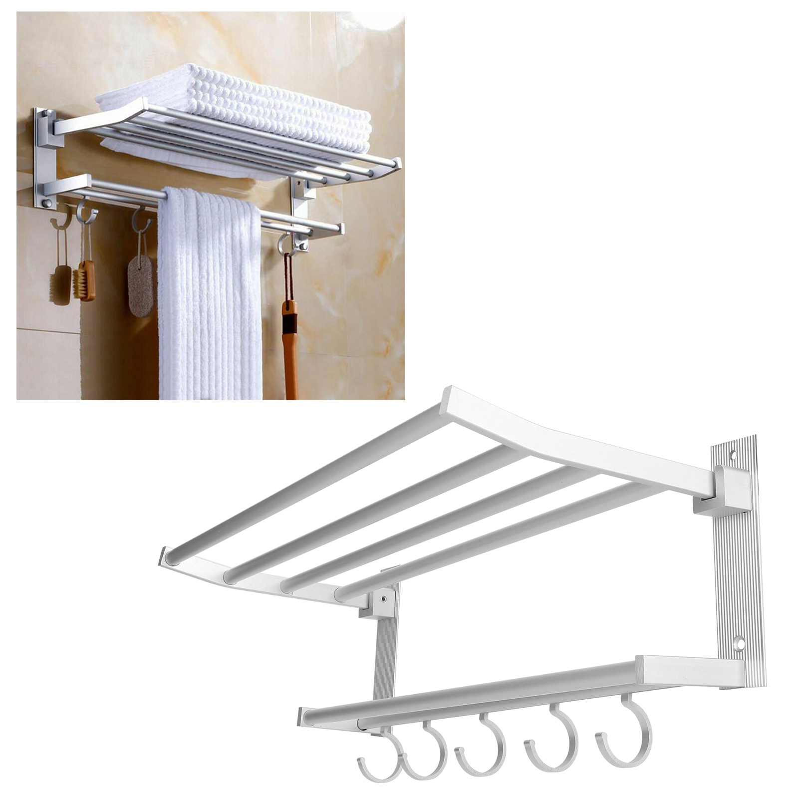 Zusammenklappbares Duschregal Aus Aluminium, 40 Cm Lang, Mit Handtuchhalter Und Kleiderhaken, 5 Haken, Silberfarben.