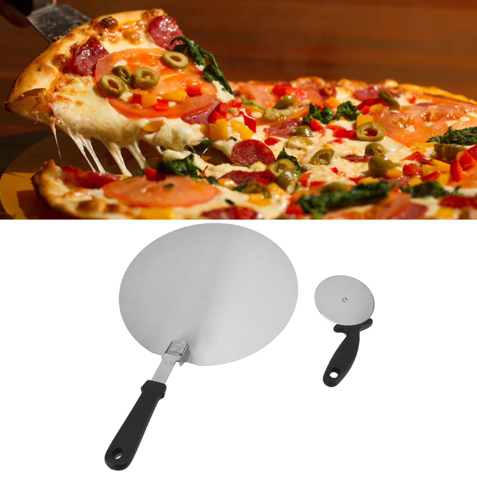 Runde, Faltbare Pizzaschaufel Aus Edelstahl Mit Pizzaschneider (zweiteiliges Set), Große Pizzaschaufel