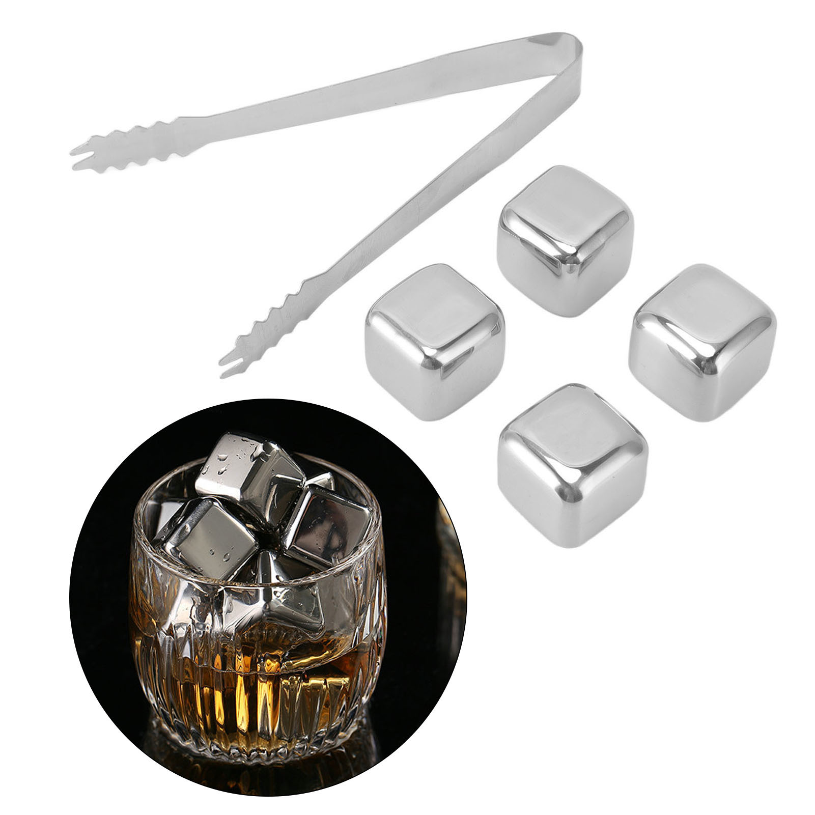 Eiswürfel Aus Edelstahl Mit Aufbewahrungsbox Zum Schnellen Einfrieren Von Whisky, Eiswein Und Rotwein (4 Eiswürfel Pro Packung Mit Eiszange)