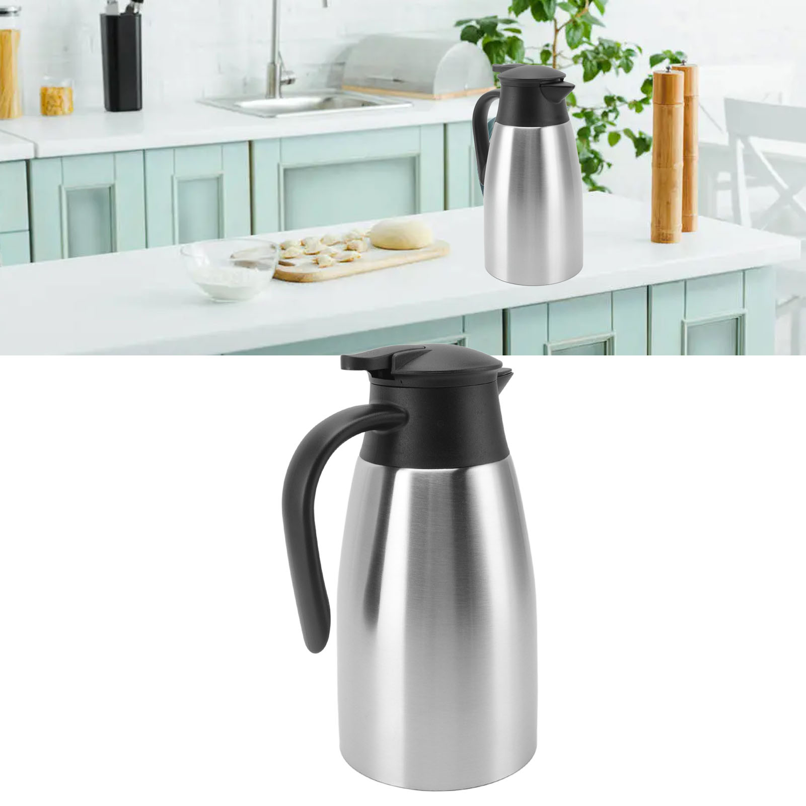 Große Edelstahl-thermoskanne Mit Druckknopfverschluss, Geeignet Für Den Heim- Und Studentengebrauch, Kaffeethermoskanne, 2,0 L, Innenauskleidung Aus Natürlichem Edelstahl, Edelstahl 304.