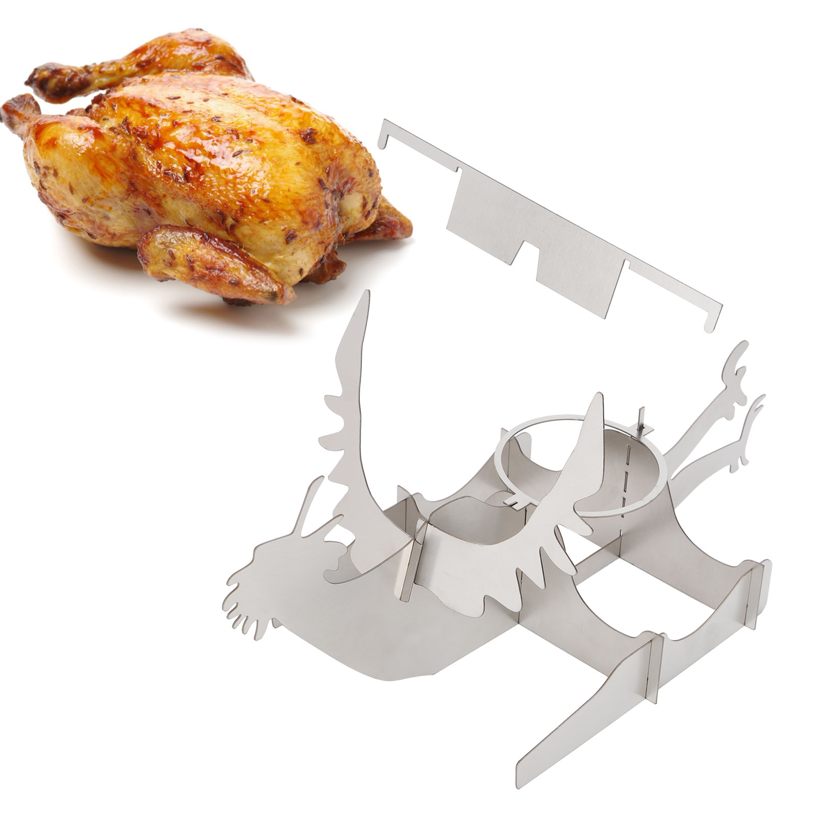 Tragbarer Hähnchenständer Aus Edelstahl Mit Grill Und Bierhalter, Ideal Für Campingausflüge Und Familienfeiern.