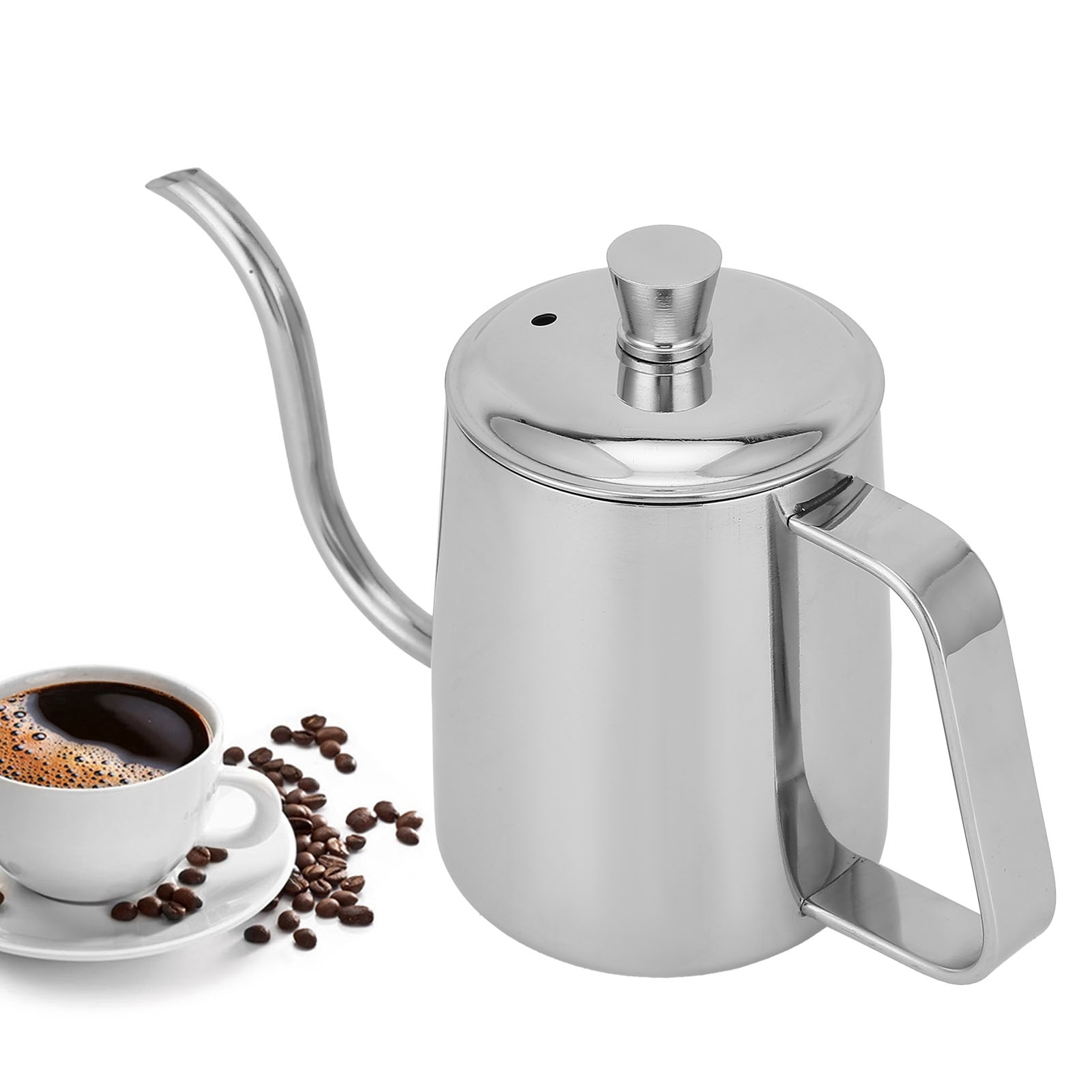 Manuelle Kaffeemaschine Aus Edelstahl Mit Langem, Dünnem Ausguss Und Deckel, Silberfarben, 350 Ml