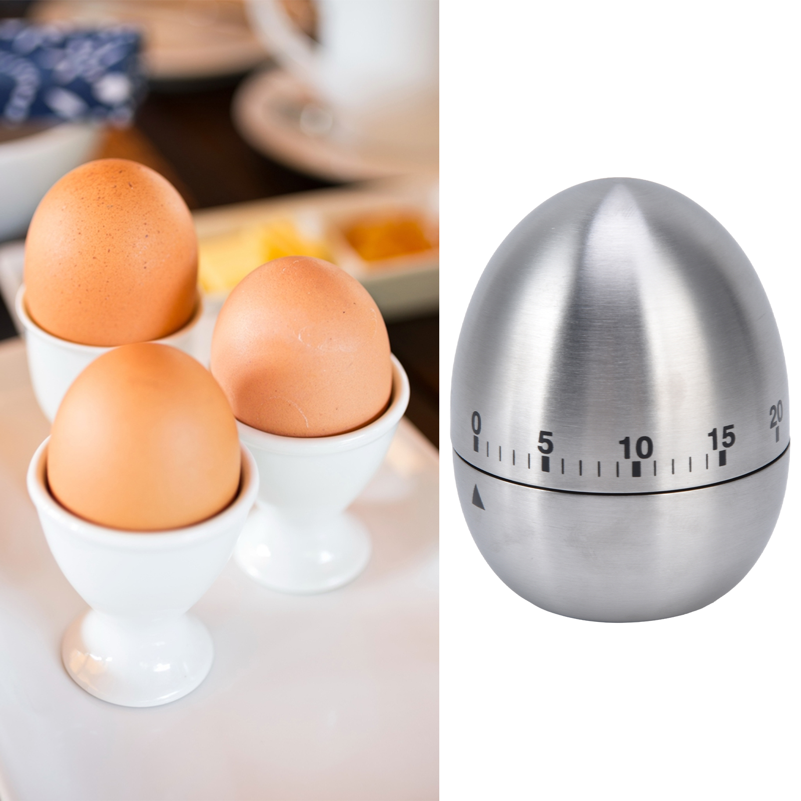 Eiförmiger Küchentimer, Manuell/mechanisch, Edelstahl, 60-minuten-timer.