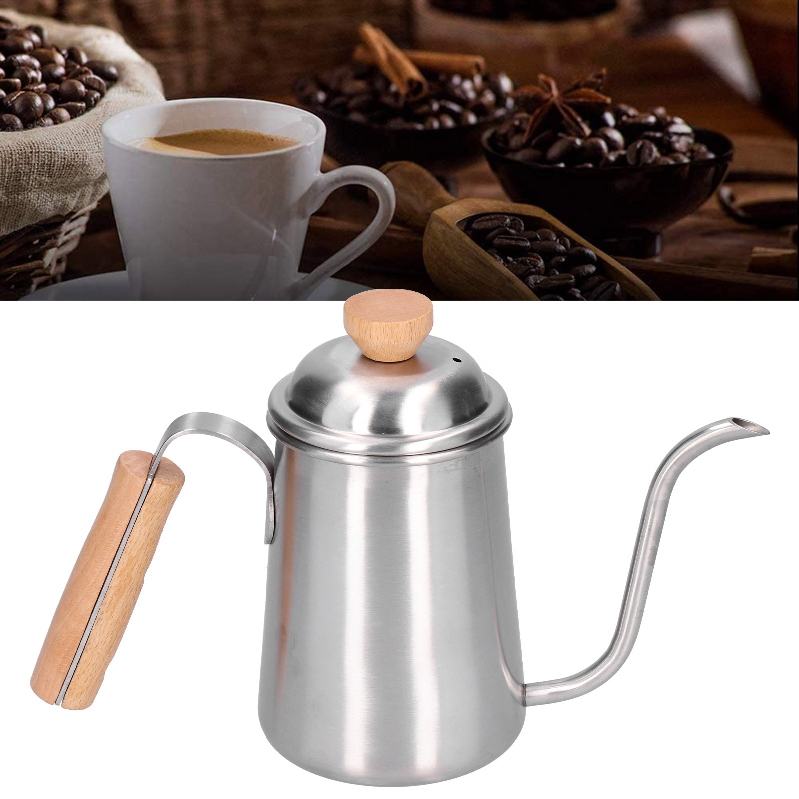650-ml-filterkaffeemaschine Aus Edelstahl Mit Langem Schwanenhalsauslauf Und Holzgriff