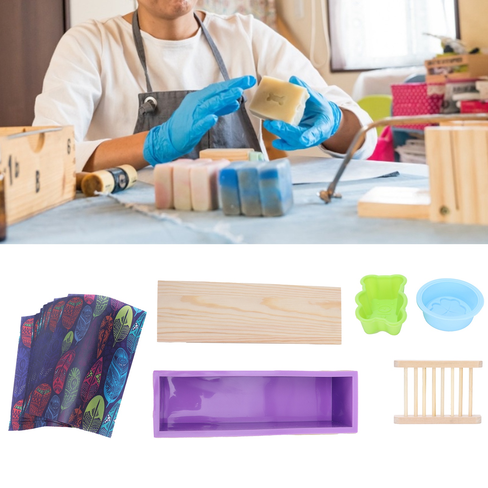 Diy-seifenform-set Aus Silikon Mit Holzbox, Seifenständer, Geschenkpapier Und Backzubehör (lila)