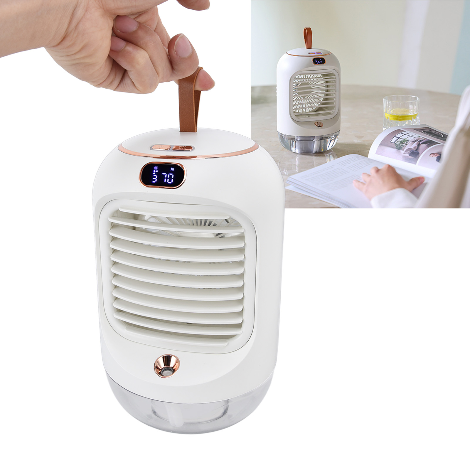 Mini-tischventilator Mit Oszillationsfunktion, Luftbefeuchter, Wassergekühlter Ventilator, Nachtlichtventilator, 5-blatt-klimaanlagenventilator, Usb-wiederaufladbar, Weiß.