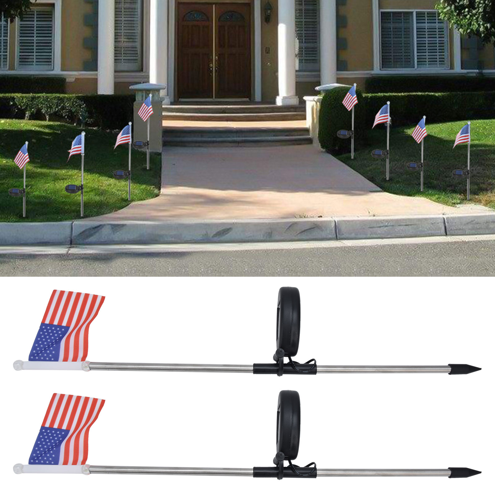 Set Mit 2 Solar-gartensteckern In Form Der Amerikanischen Flagge Für Die Außenbeleuchtung, Weißes Licht